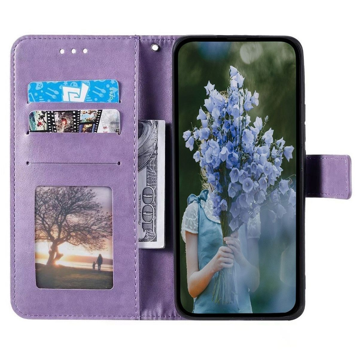 Eine lila Handyhülle, geöffnet, um ein Telefon mit Blumenstraußbild, Kartenfächern und Geld freizugeben.