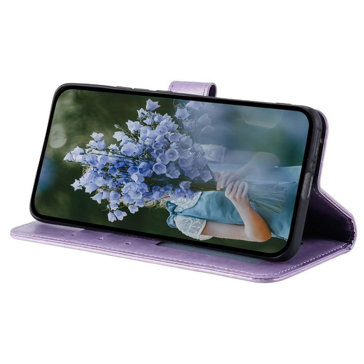 Ein Telefon in einem lila Etui zeigt ein Foto von Blumen. Das Etui ist offen und zeigt das Telefon.