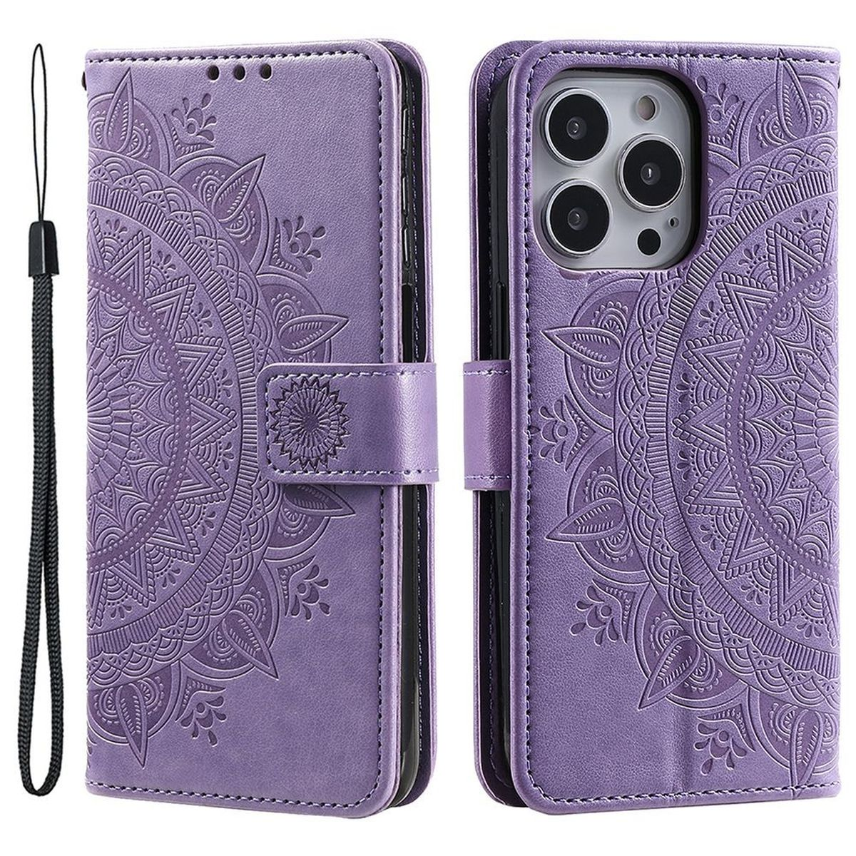 Lila Handyhülle mit floralem Design. Sie hat einen Magnetverschluss und eine Handschlaufe.