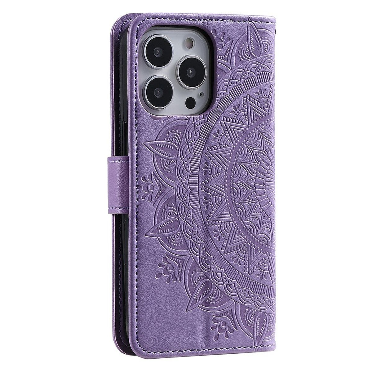 Lila Handyhülle mit Mandala-Design, zeigt die Kamera des Telefons.