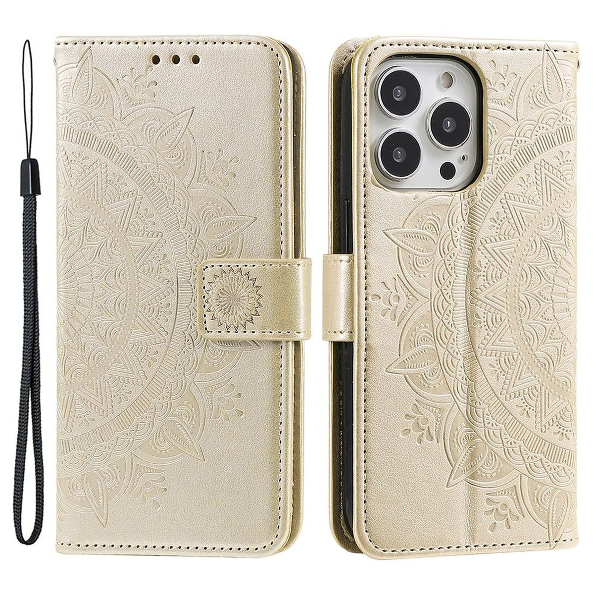 Beige Brieftaschentasche mit Mandala-Design. Sie ist offen und zeigt den Telefonhalter und Kartenfächer.