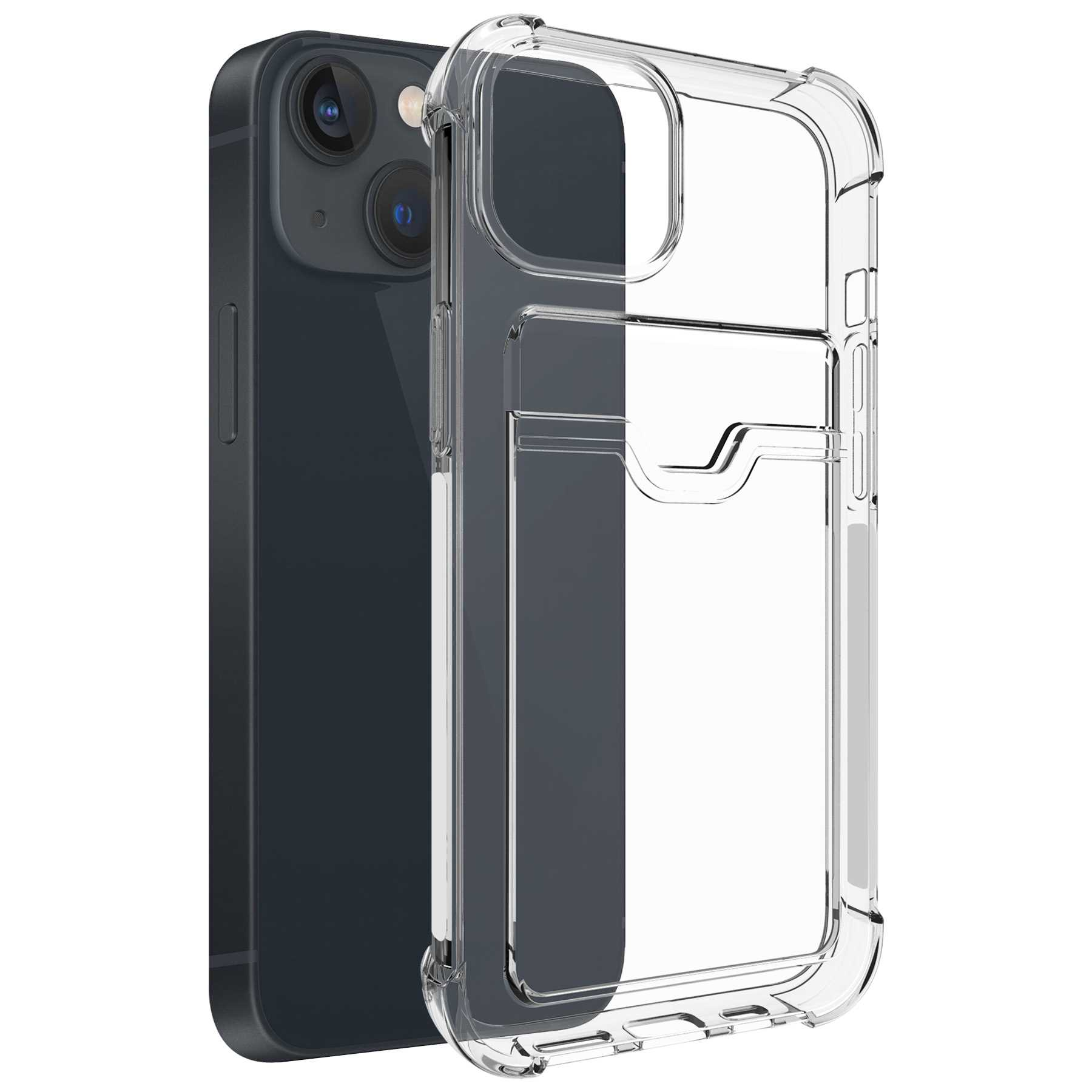Ein Telefon mit einer transparenten Hülle mit einem sichtbaren Kartensteckplatz. Das Telefon ist schwarz.