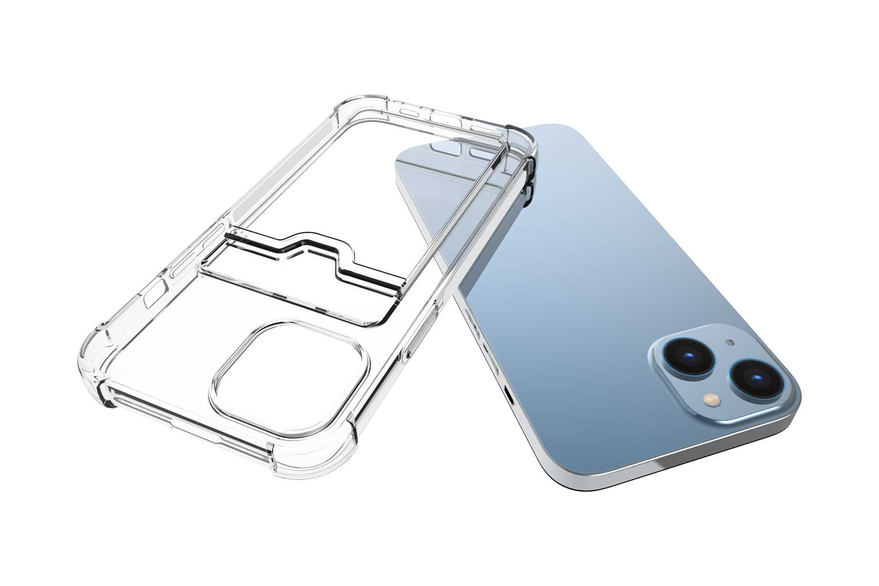 Transparente Handyhülle mit Telefon, auf weißer Oberfläche.