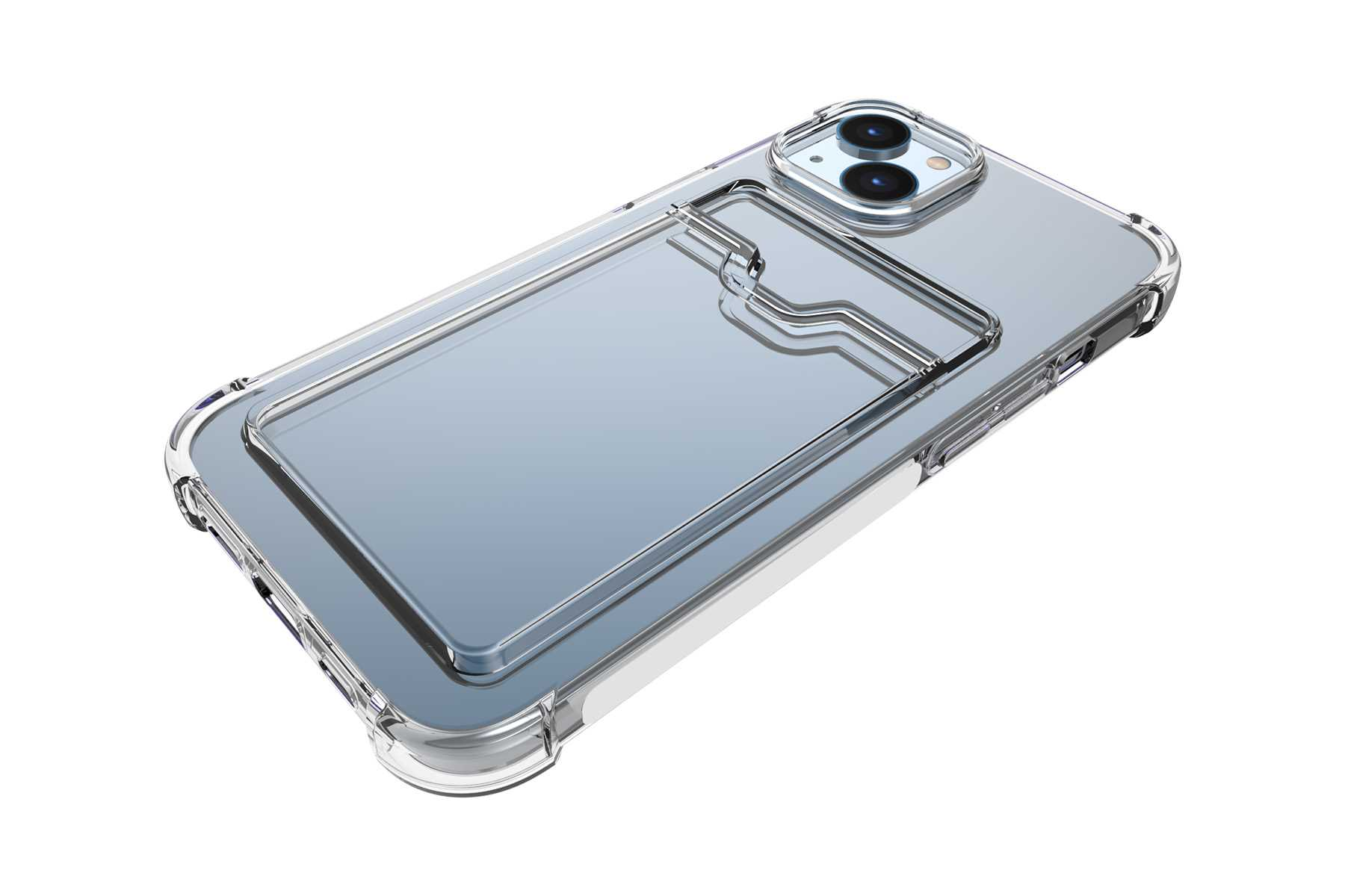Transparente Handyhülle mit Kartenhalter auf der Rückseite. Das Telefon ist durch die Hülle sichtbar.