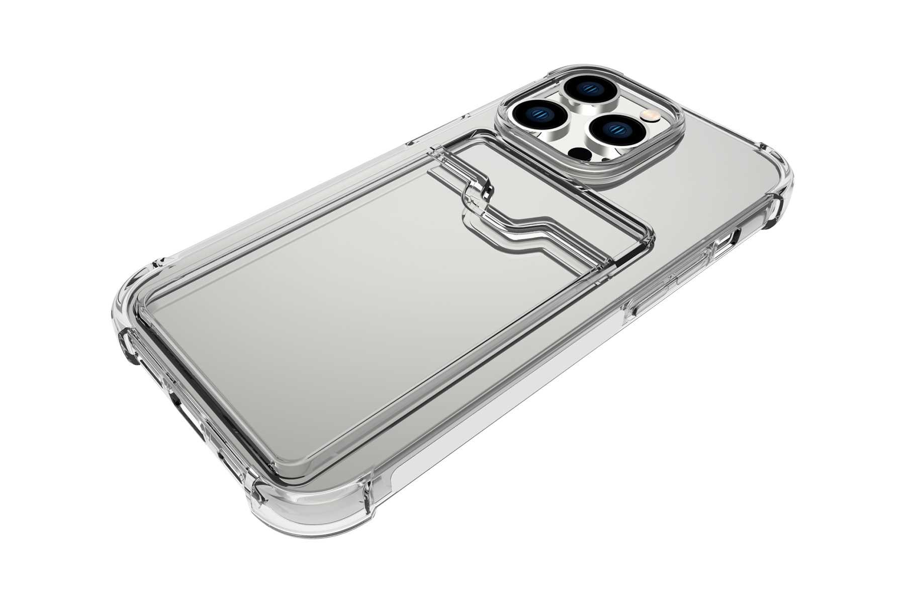 Eine transparente Handyhülle mit Kartenhalter auf weißer Oberfläche, aus hoher Perspektive. Telefon nicht enthalten.