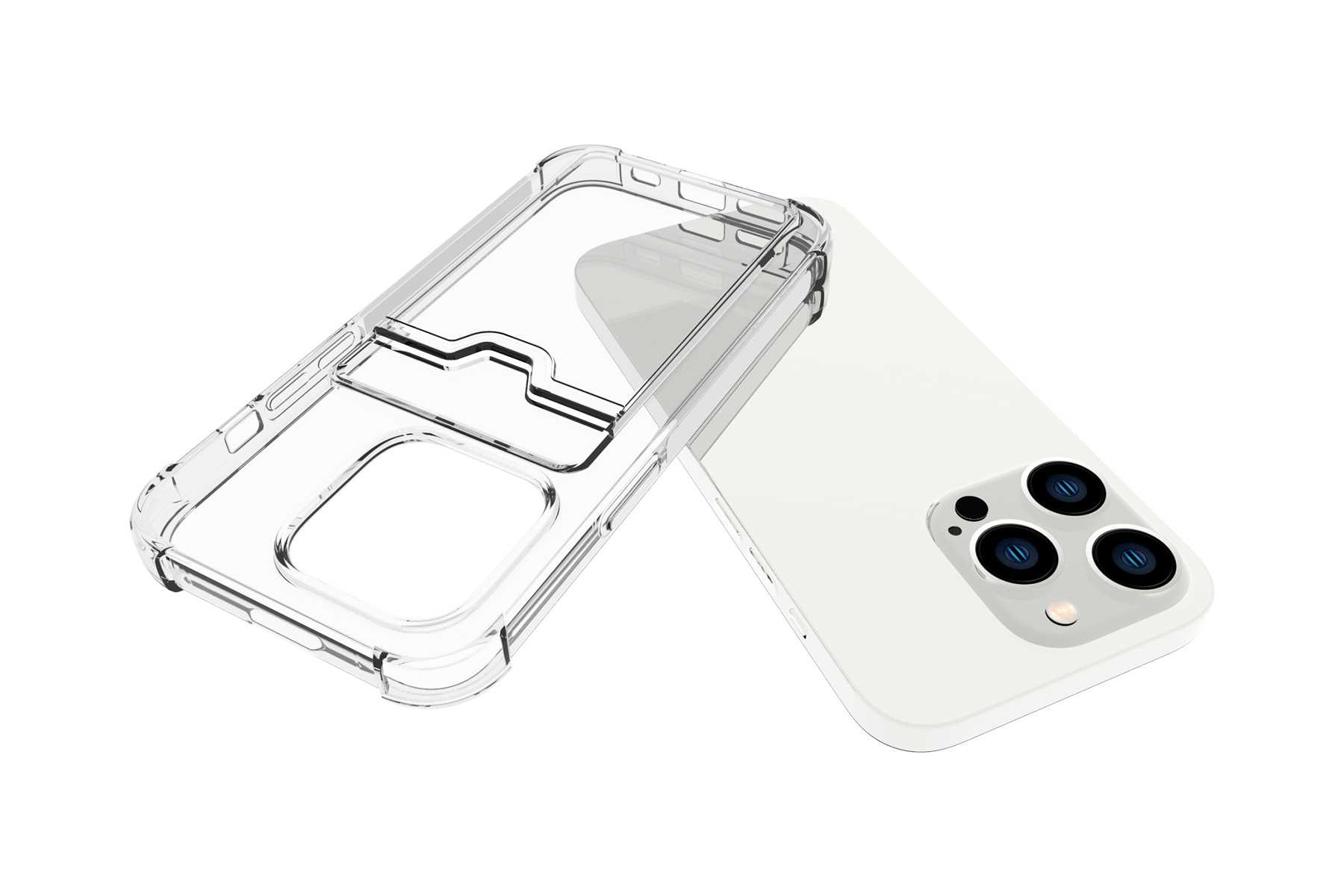 Transparente Handyhülle mit Portemonnaie. Telefon ist weiß mit 3 Kameras. Hülle ist klar.
