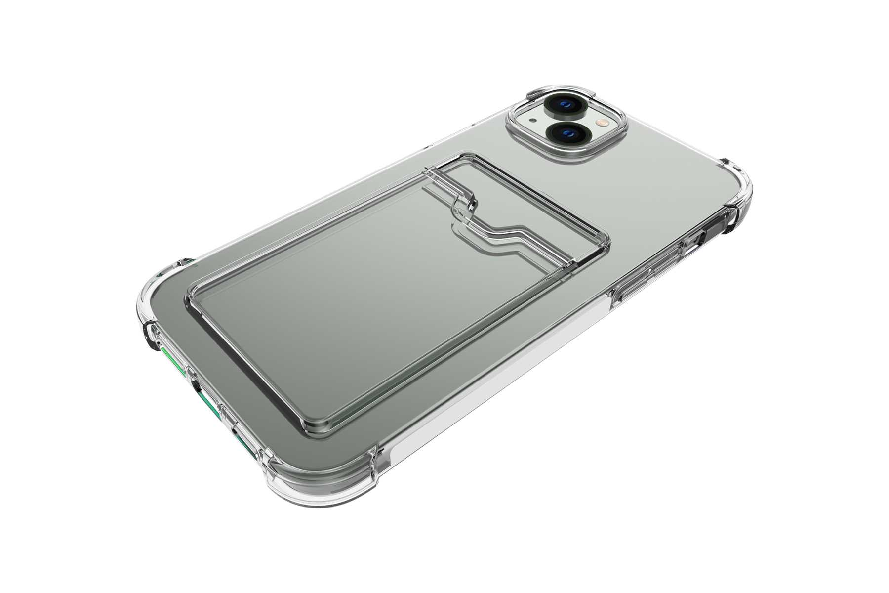 Eine transparente Handyhülle mit Kartenhalter auf der Rückseite, mit einem iPhone darin.