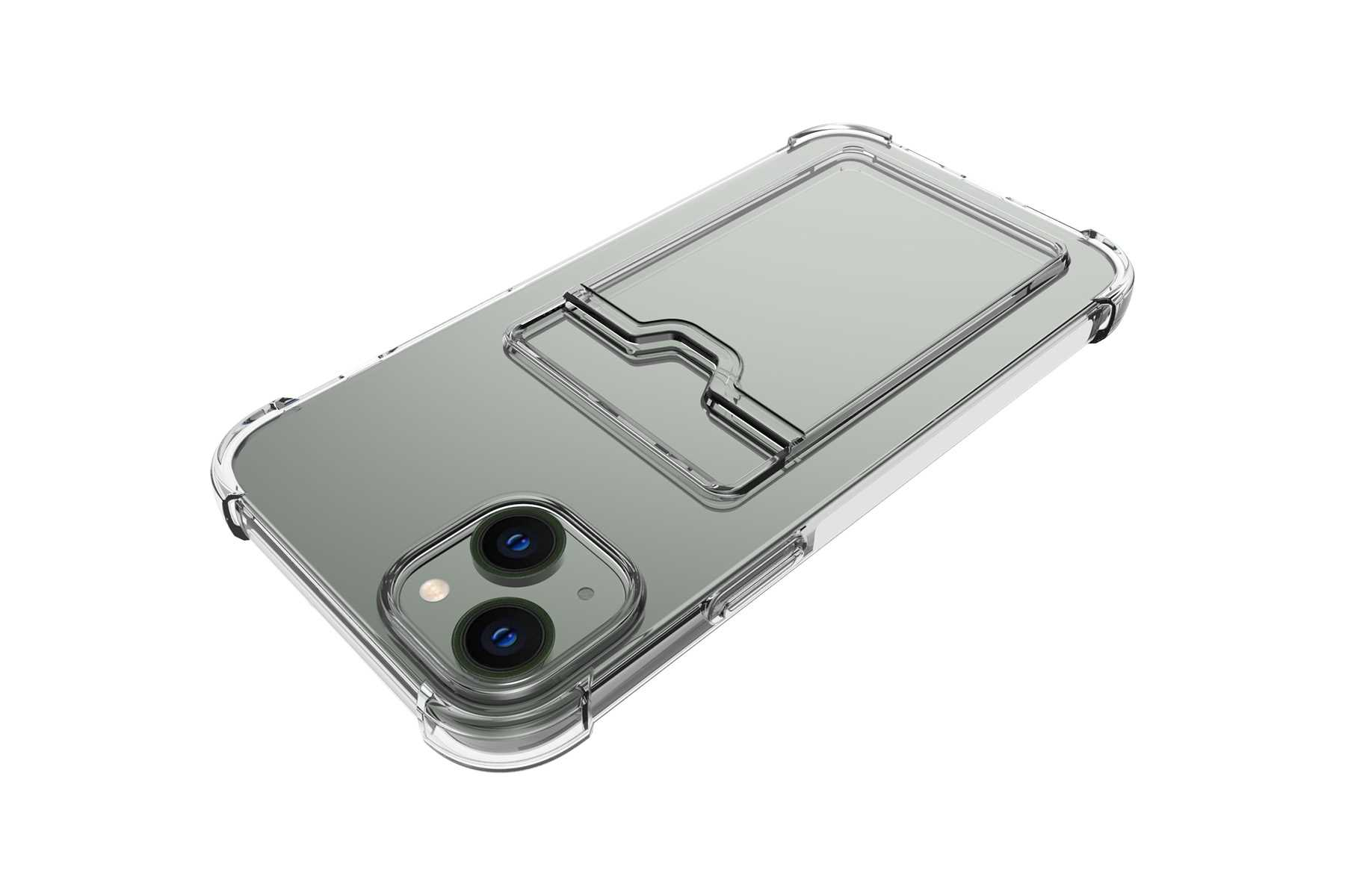 Eine transparente Handyhülle auf einem Telefon. Die Hülle hat einen Kartenhalter auf der Rückseite.