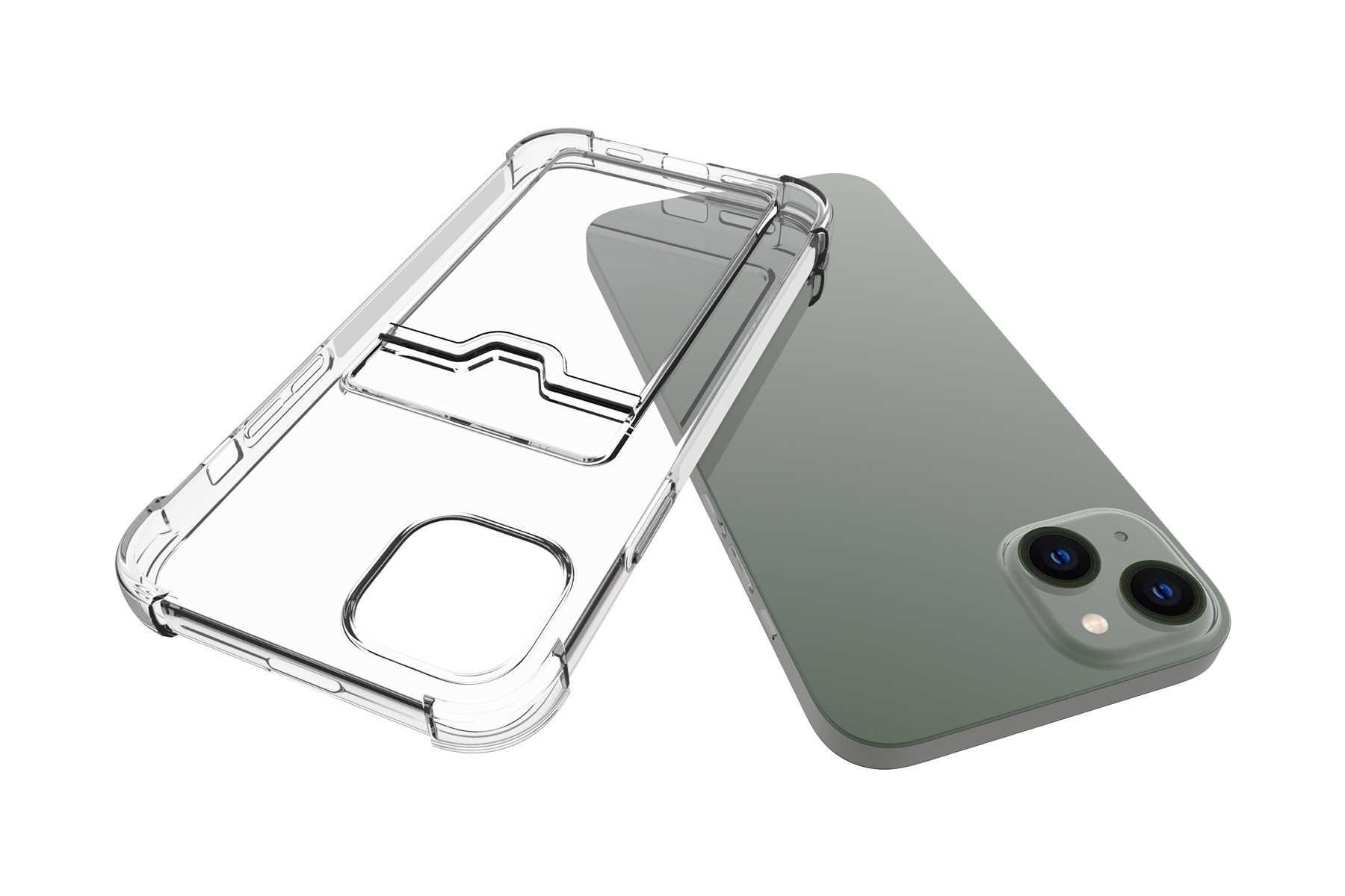 Eine transparente Handyhülle und ein grünes Telefon, die die Rückseite des Telefons und das Innere der Hülle zeigen.