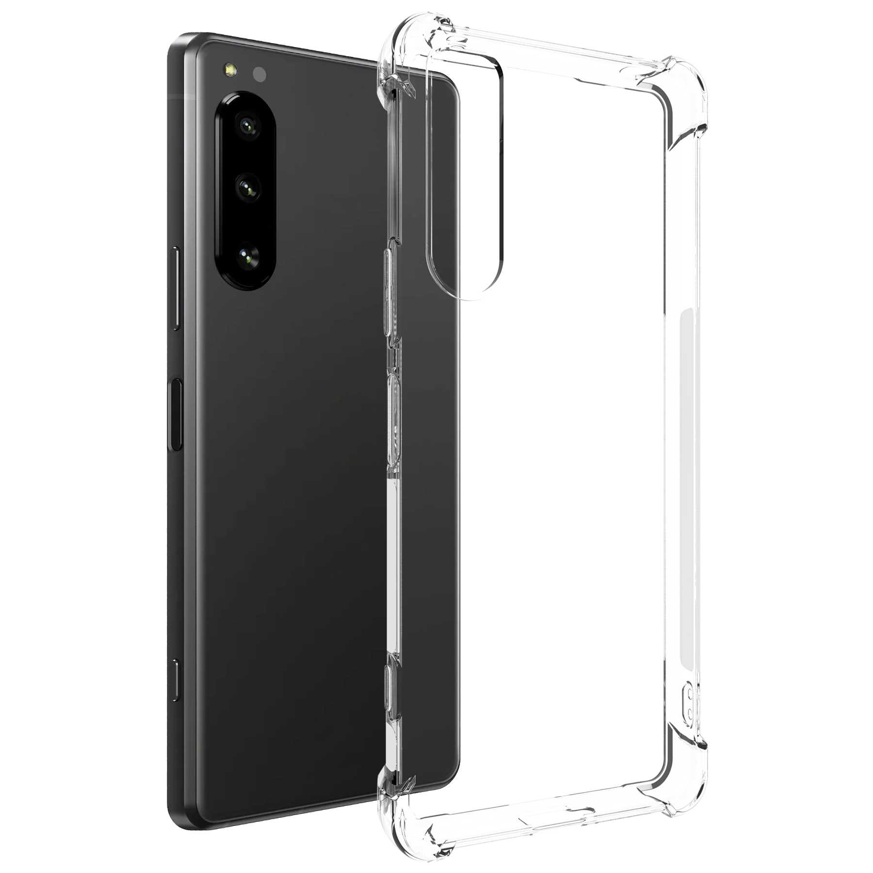Schwarzes Smartphone in einer transparenten Schutzhülle. Die Rückseite sichtbar.
