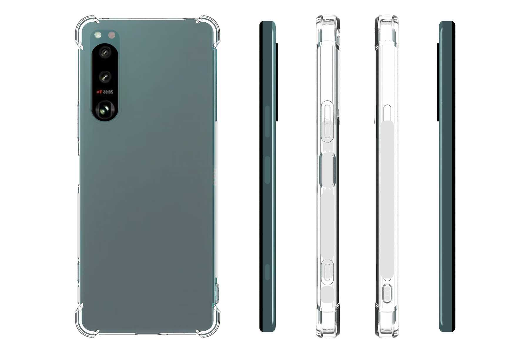 Handyhülle, transparente Seiten, graue Rückseite. Telefonkameras sichtbar.
