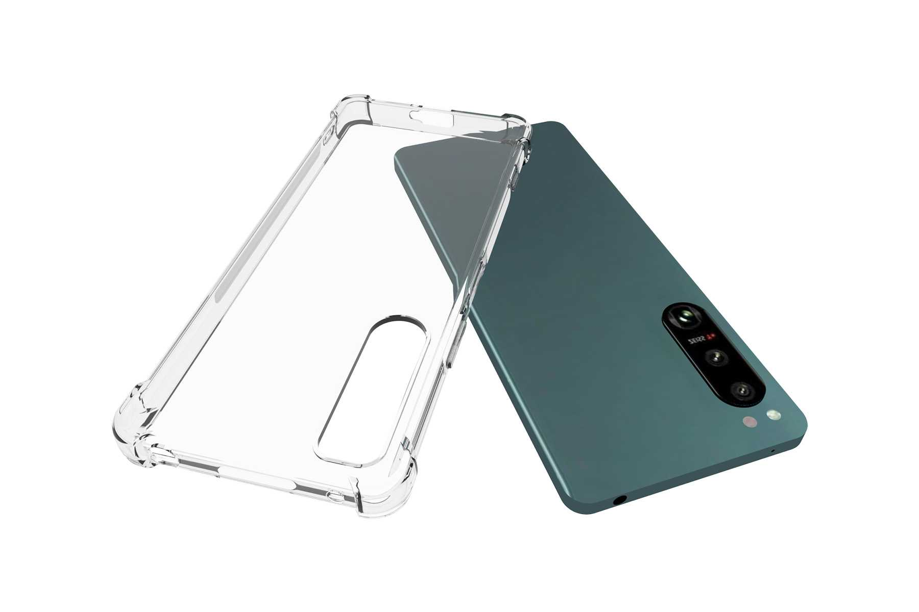 Transparente Handyhülle und tealfarbenes Telefon.