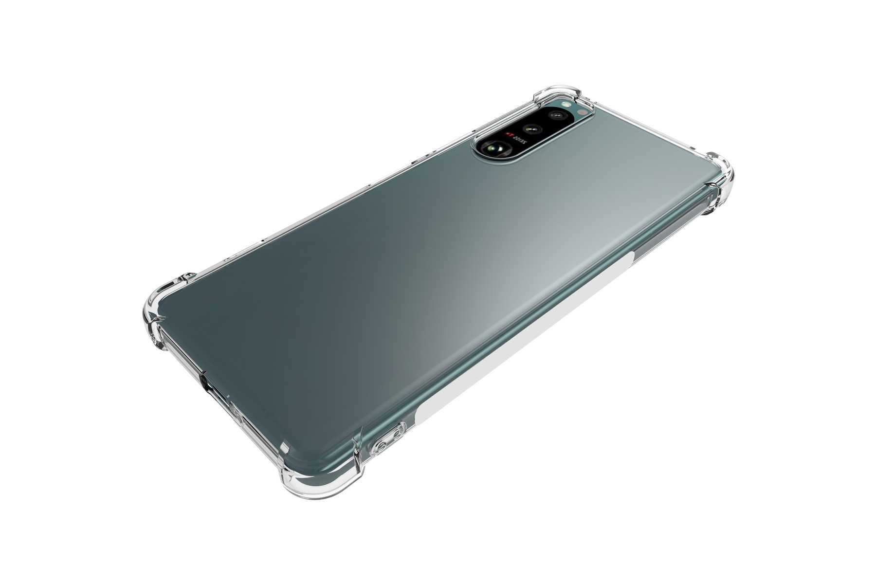 Eine transparente Handyhülle auf einem Handy. Das Handy ist grau mit Kamera. Die Hülle hat Kanten.