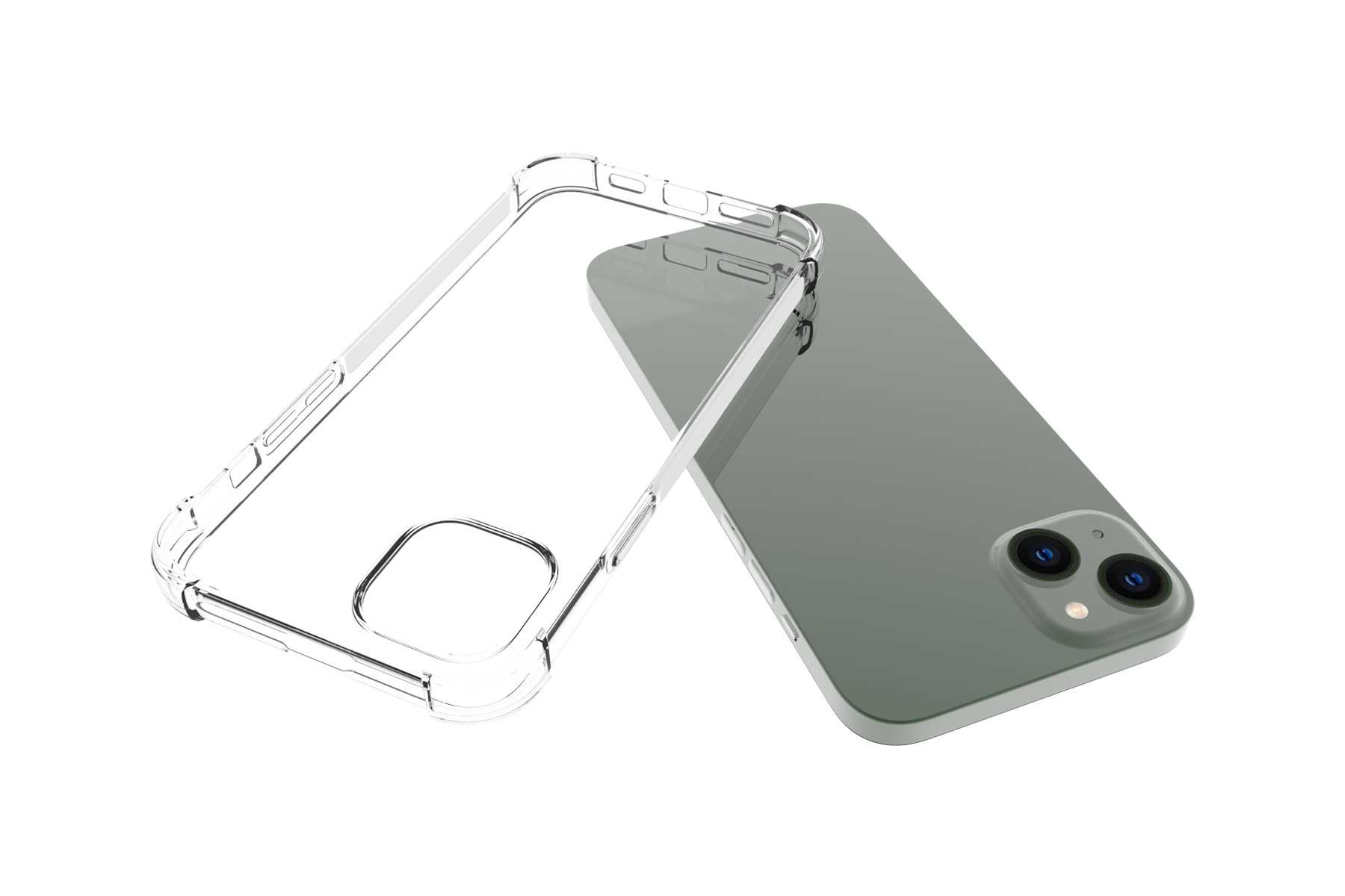 Eine transparente Handyhülle neben einem grünen iPhone. Die Handyhülle ist leer.