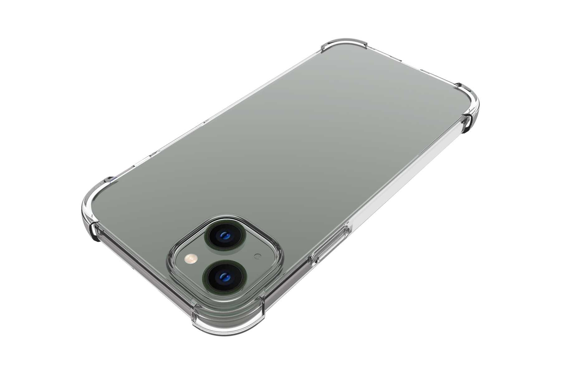 Transparente Schutzhülle auf einem Telefon. Die Kameralinsen sind sichtbar. Weißer Hintergrund.