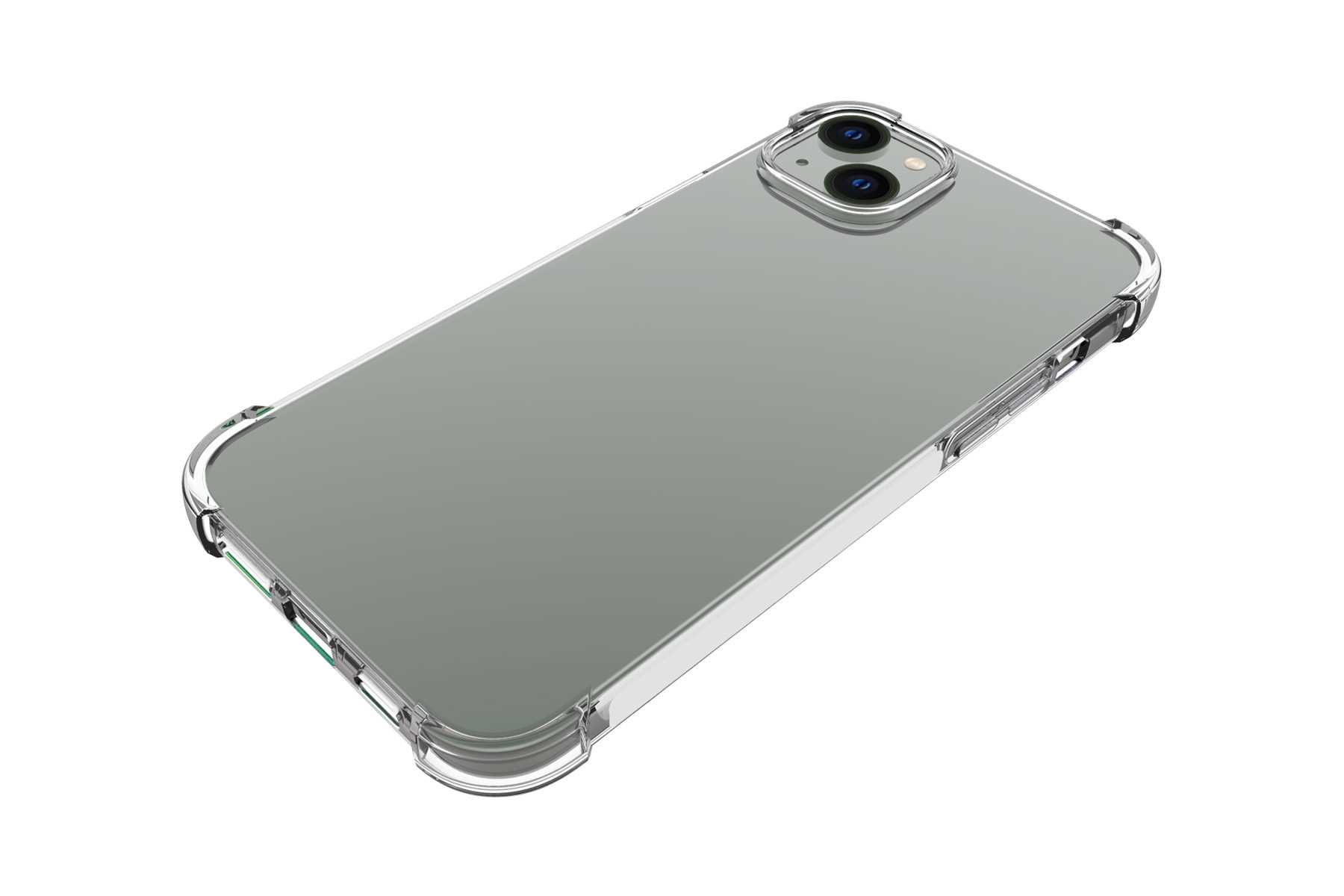 Transparente Handyhülle, vor weißem Hintergrund. Das Telefon ist durch die Hülle sichtbar.