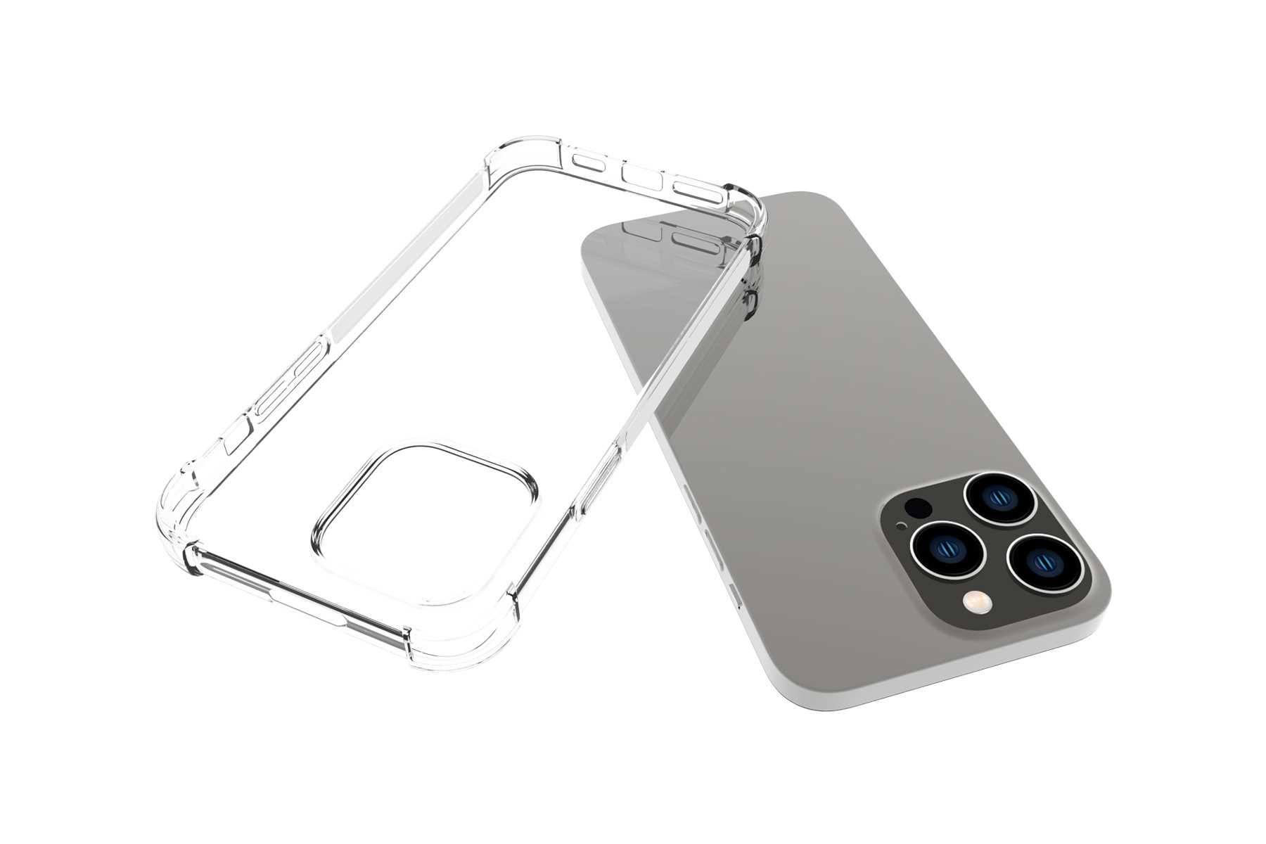 Transparente Handyhülle und graues Telefon. Die Hülle ist transparent und das Telefon hat Kameralinsen.