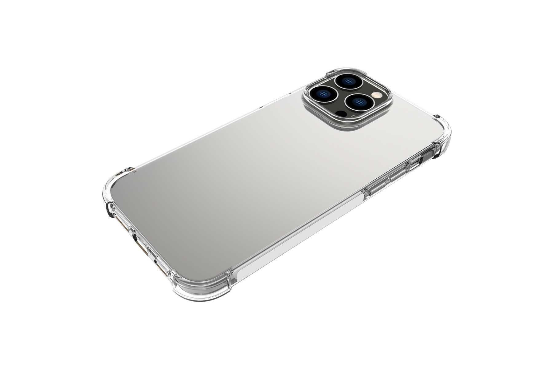 Eine transparente Handyhülle mit Kartenhalter. Die Hülle wird von hinten auf einer weißen Oberfläche gesehen.
