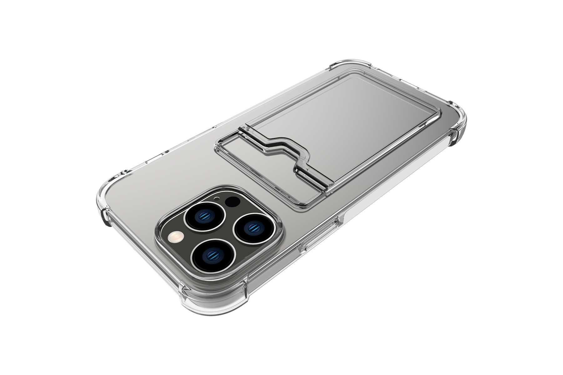 Transparente iPhone-Hülle mit Kartenhalter und Kameralinse. Weißer Hintergrund.