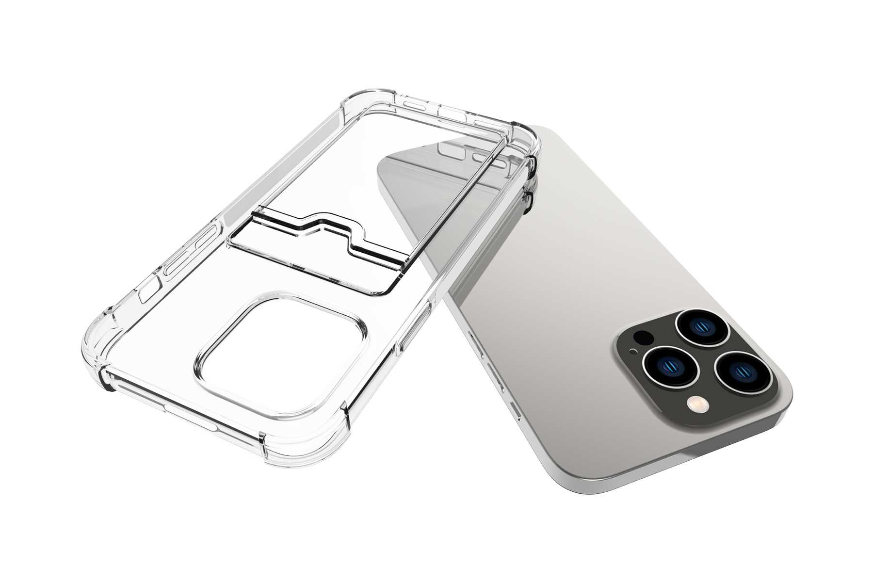 Transparente Handyhülle mit Kartenfach. Telefon mit drei Kameras rechts.