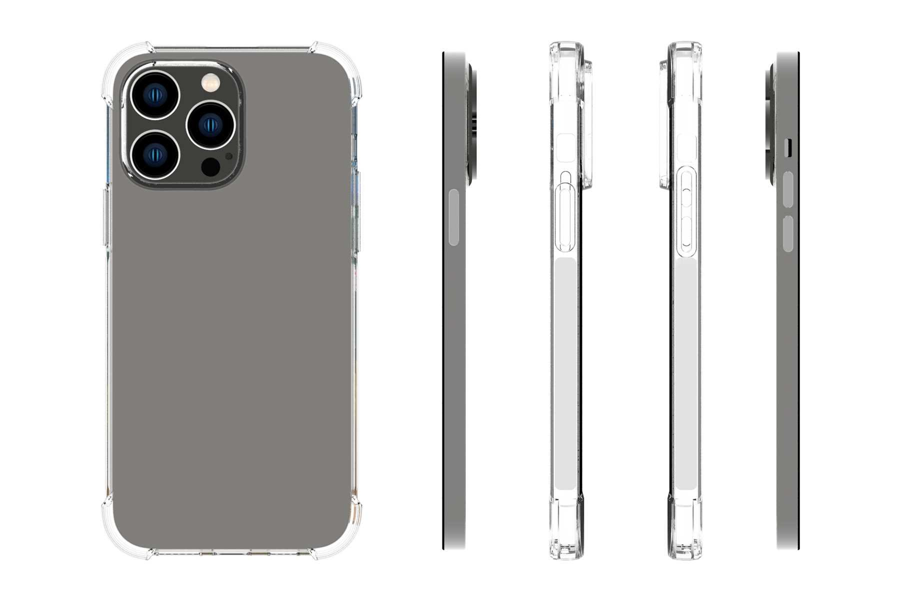 Eine Handyhülle mit klarem Design, die das Telefon aus verschiedenen Blickwinkeln zeigt. Es hat einen klaren Rahmen.