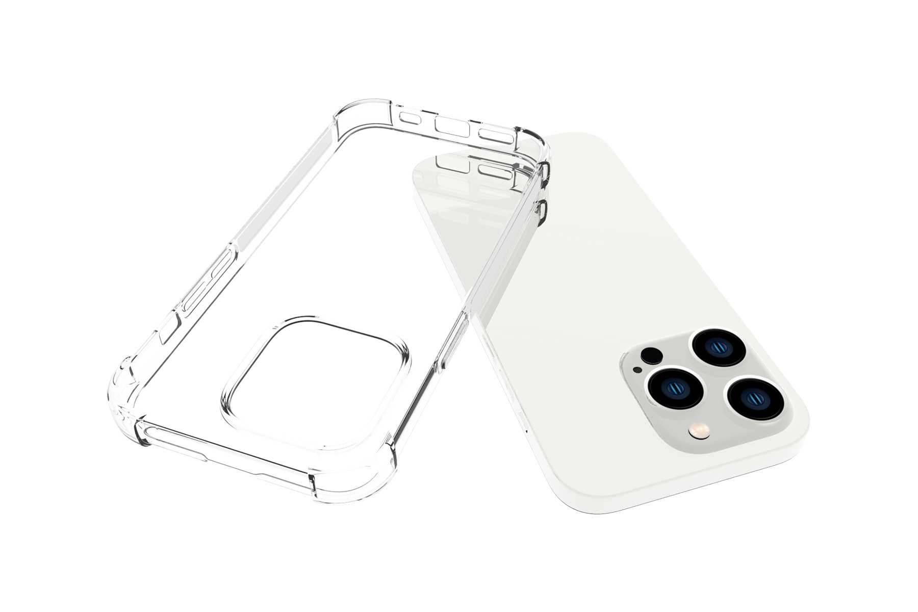 Eine transparente Handyhülle und ein weißes Smartphone mit Kamera auf weißer Oberfläche.