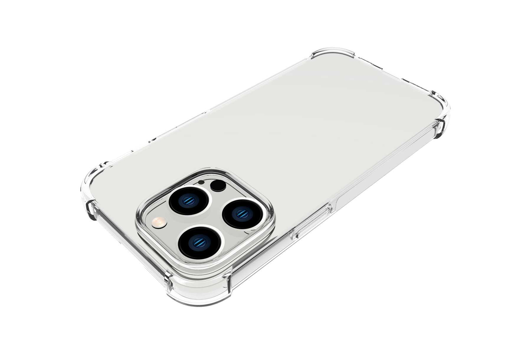 Transparente Handyhülle auf weißem Hintergrund, Telefon innen. Kamera sichtbar.