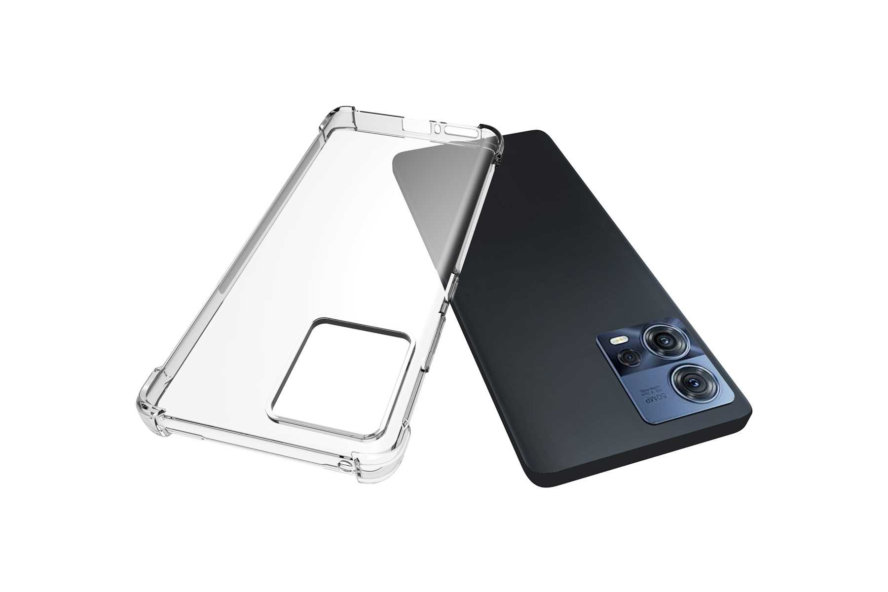 Telefon und transparente Hülle. Das Telefon ist schwarz mit Kameras. Hülle daneben.