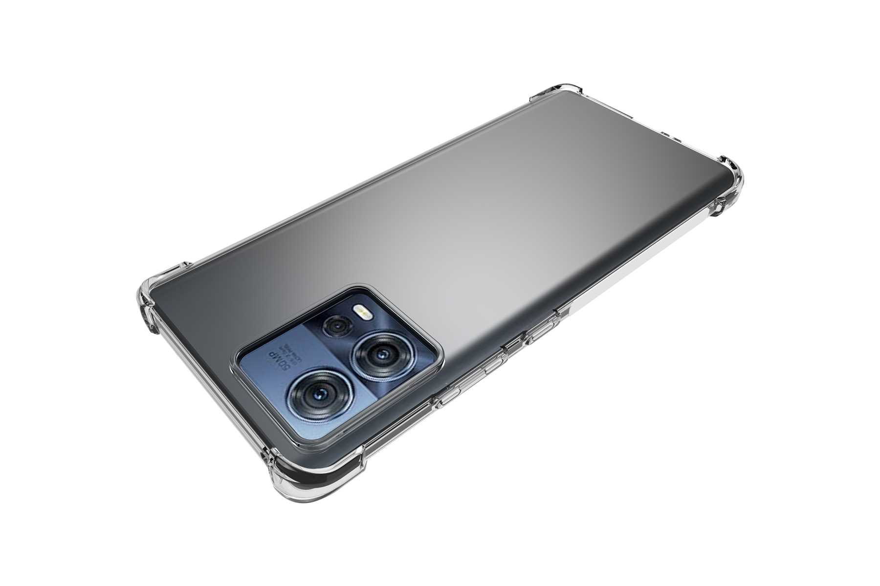 Smartphone-Hülle mit klaren Kanten, bedeckt die Rückseite des Telefons mit sichtbaren Kameras.
