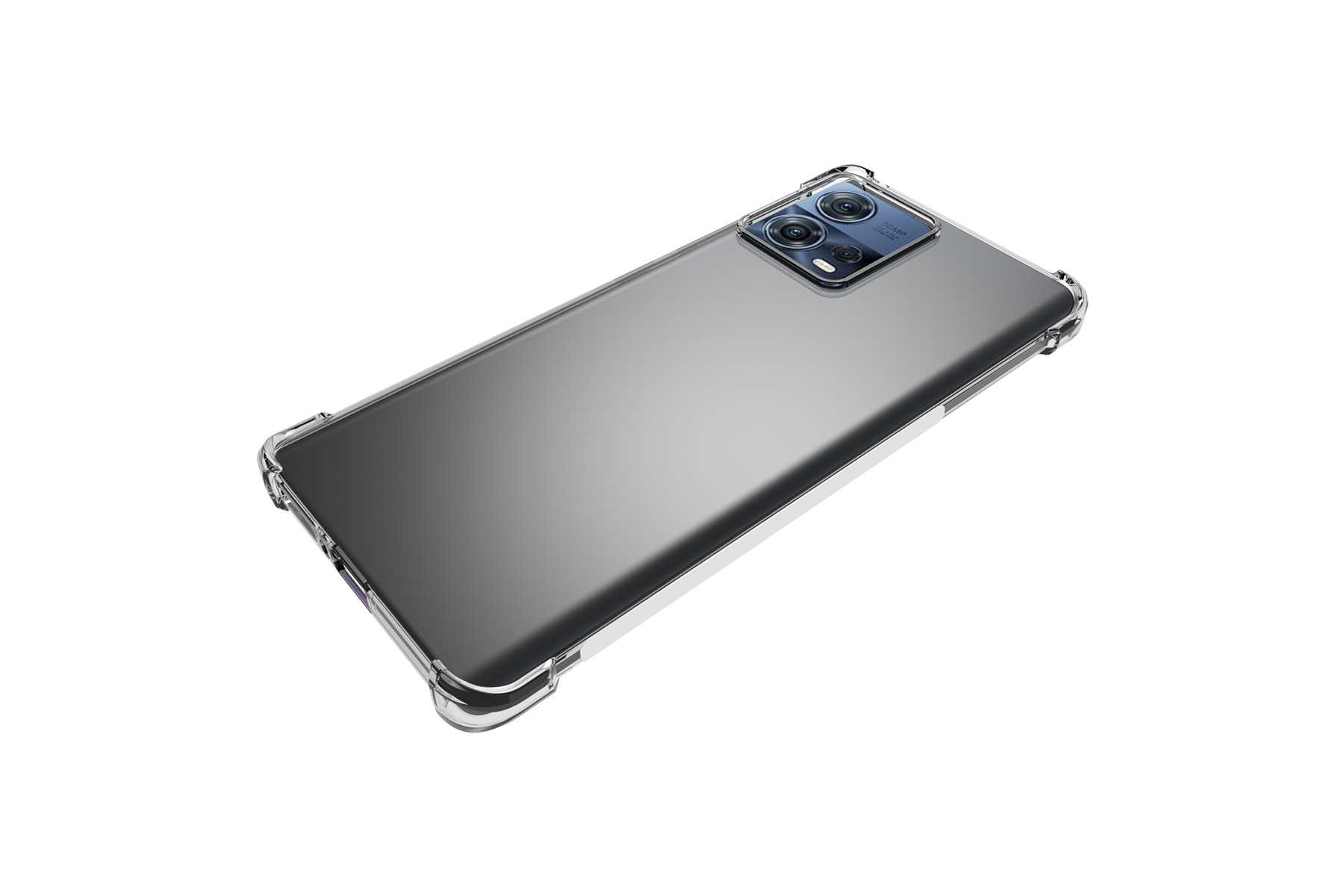 Ein Telefon mit einer transparenten Schutzhülle, Rückansicht, auf weißem Hintergrund. Das Telefon hat mehrere Kameras.