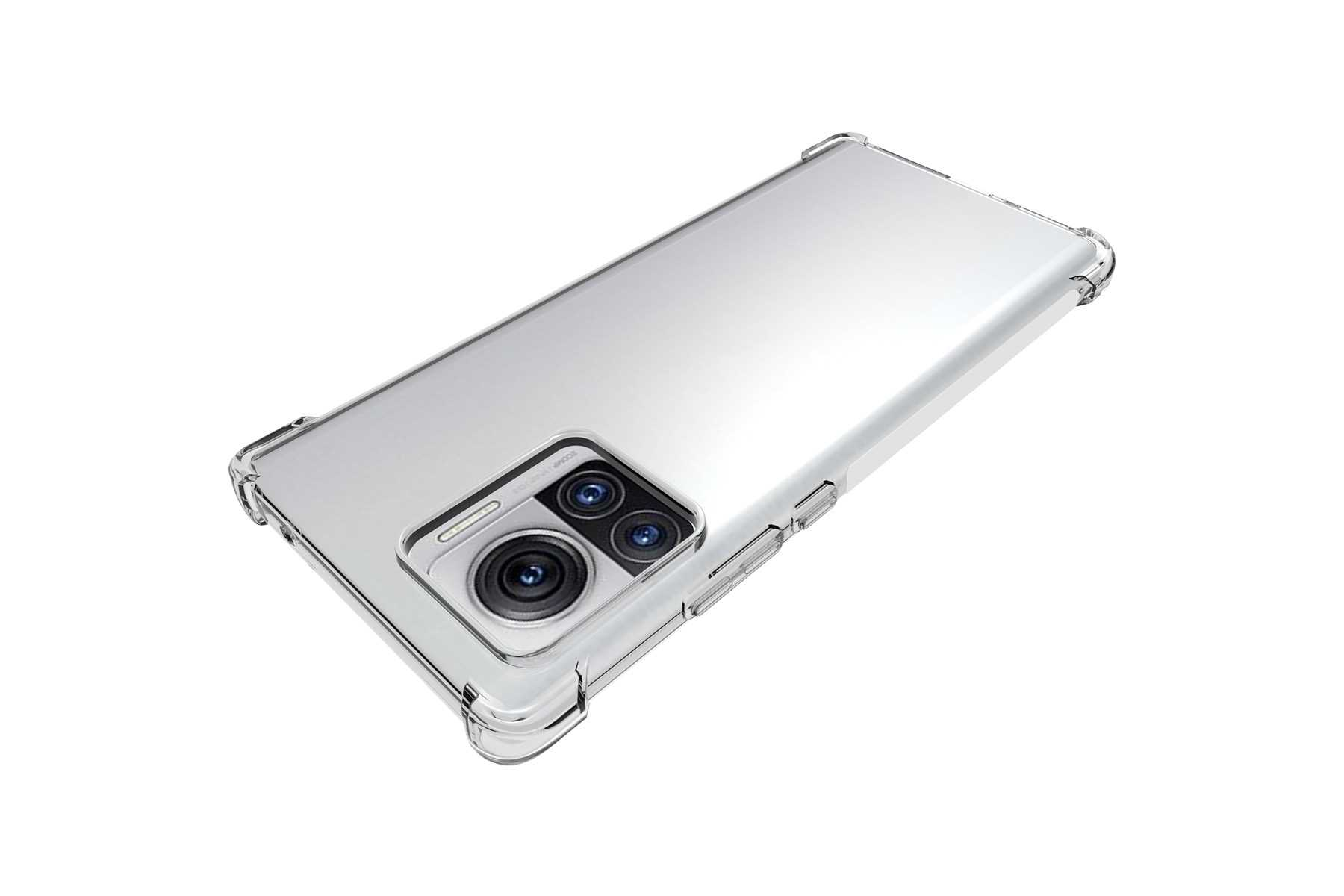 Klares Telefon mit Kameramodul, in einer transparenten Hülle mit verstärkten Ecken.