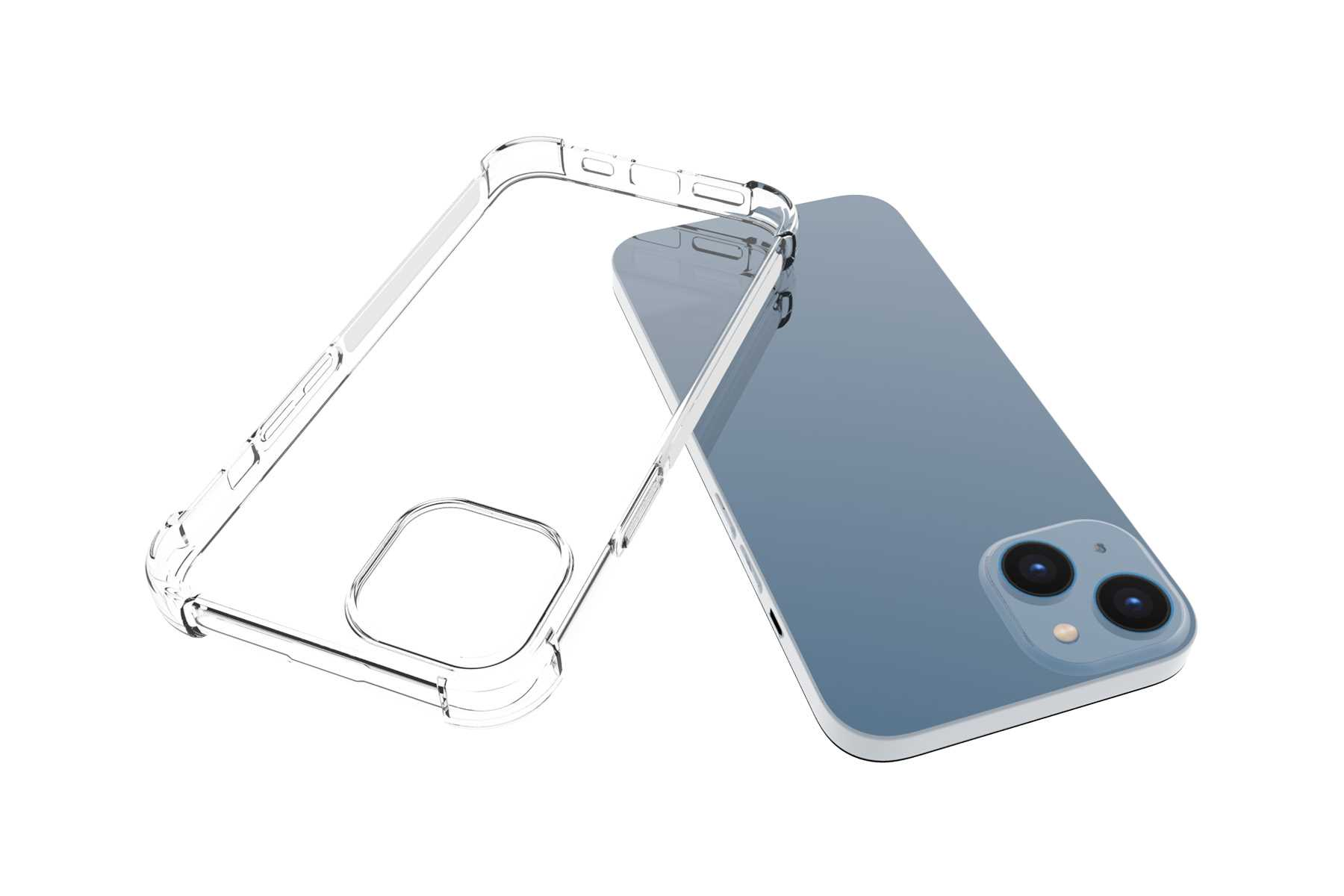 Ein blaues iPhone und eine transparente Hülle. Die Hülle ist offen, neben dem Telefon.