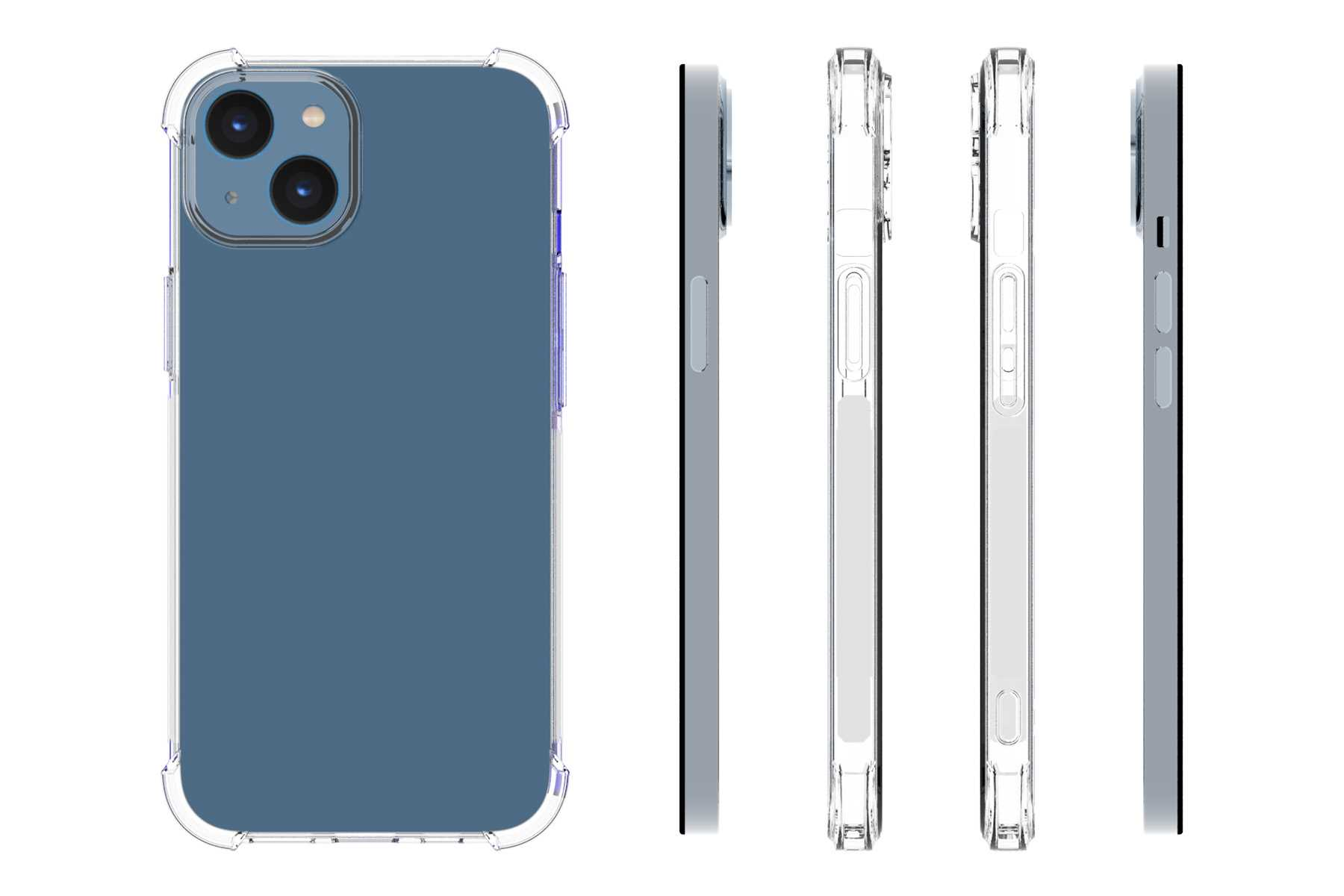 Transparente Handyhülle auf blauem Telefon. Zeigt verschiedene Winkel der Hülle.