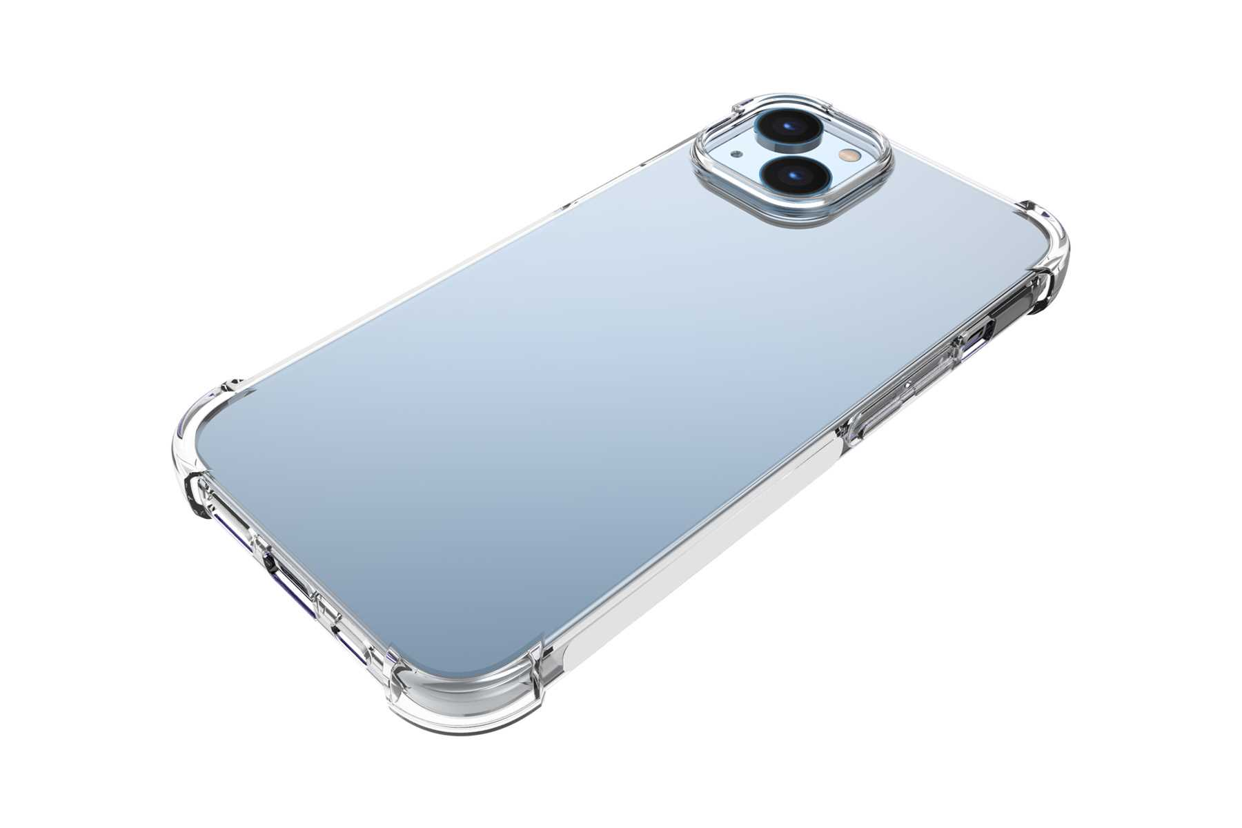 Transparente Handyhülle auf einem Telefon. Dual-Kamera. Weißer Hintergrund.