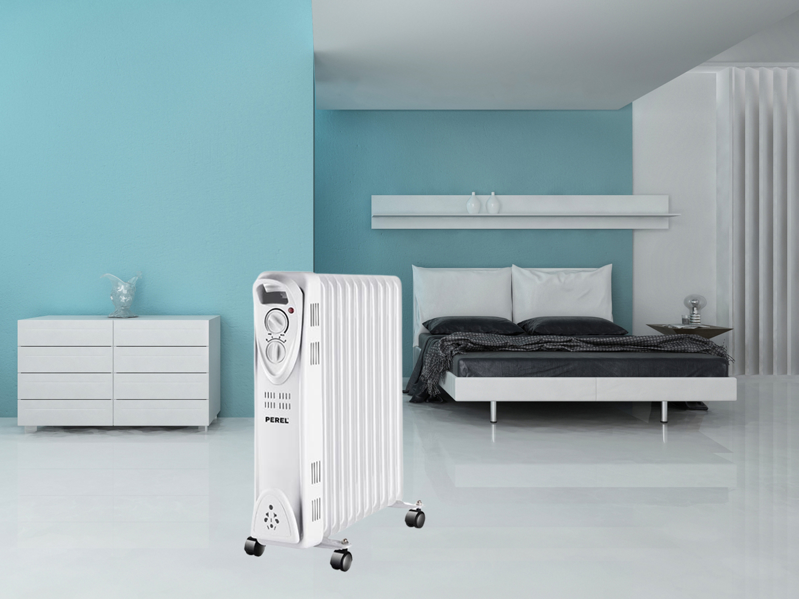 Weißer elektrischer Heizkörper in einem Raum mit blauer Wand, Bett und weißen Möbeln.