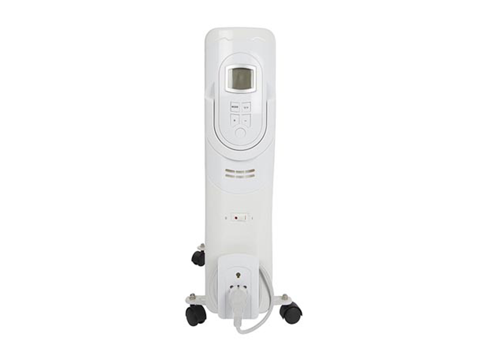 Eine weiße elektrische Ölheizung mit Digitalanzeige, Stecker und Rädern.