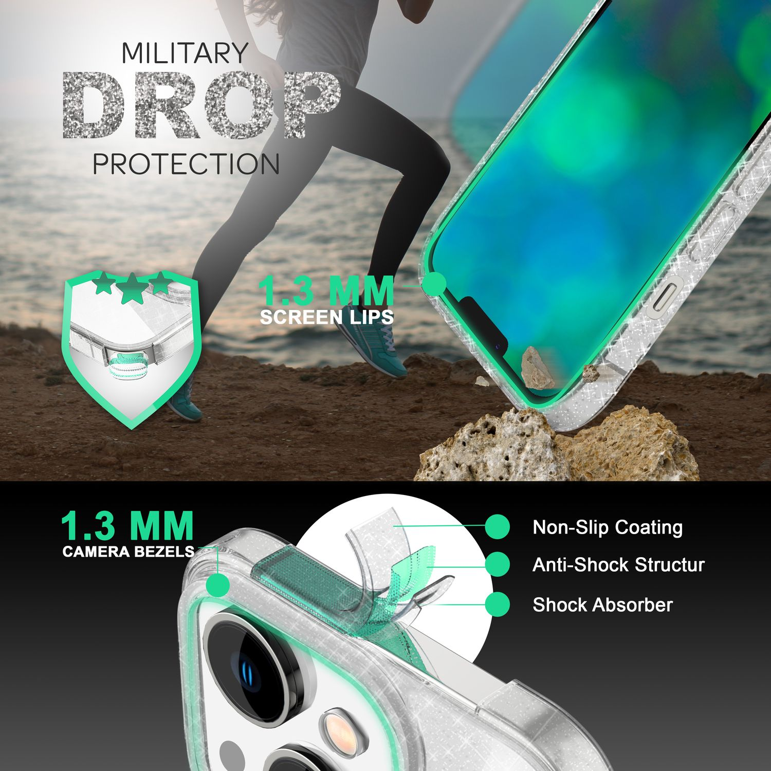 Funda de teléfono con un diagrama que muestra bordes de pantalla de 1,3 mm, biseles de cámara y características antichoque.