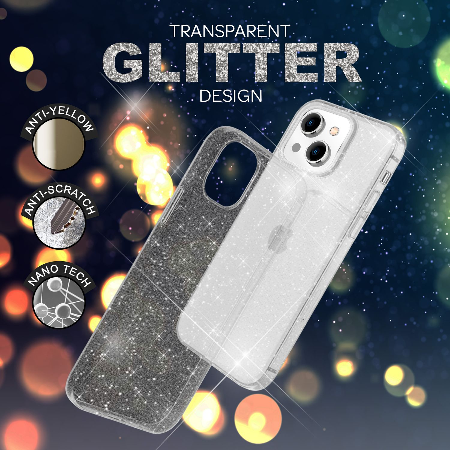 Funda transparente con purpurina, antiarañazos, antiamarilleo y tecnología nano. Texto: Diseño Glitter Transparente.