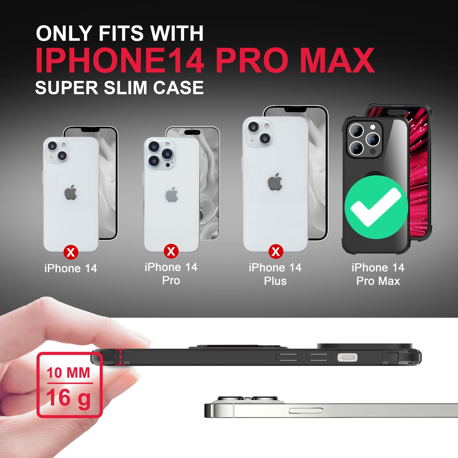 Un iPhone 14 Pro Max y otros tres iPhones con funda protectora. Texto rojo indica compatibilidad.