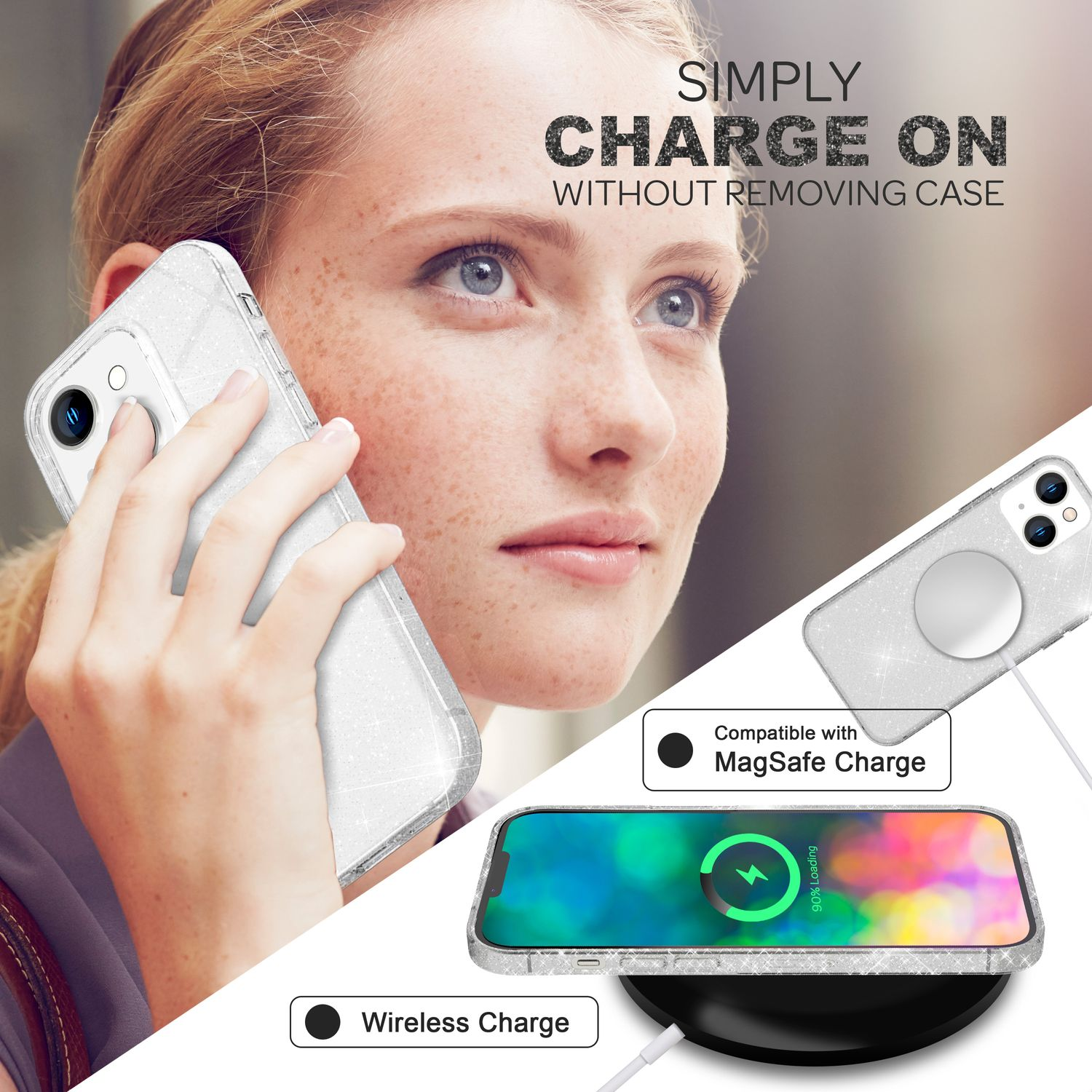 Una mujer con un teléfono, cargándolo de forma inalámbrica. El teléfono está en una funda brillante.
