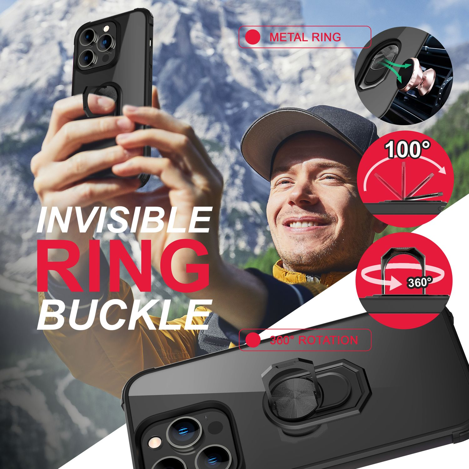 Un hombre sosteniendo un teléfono en una funda con hebilla de anillo invisible, mostrando rotación de 360° e inclinación de 100°.