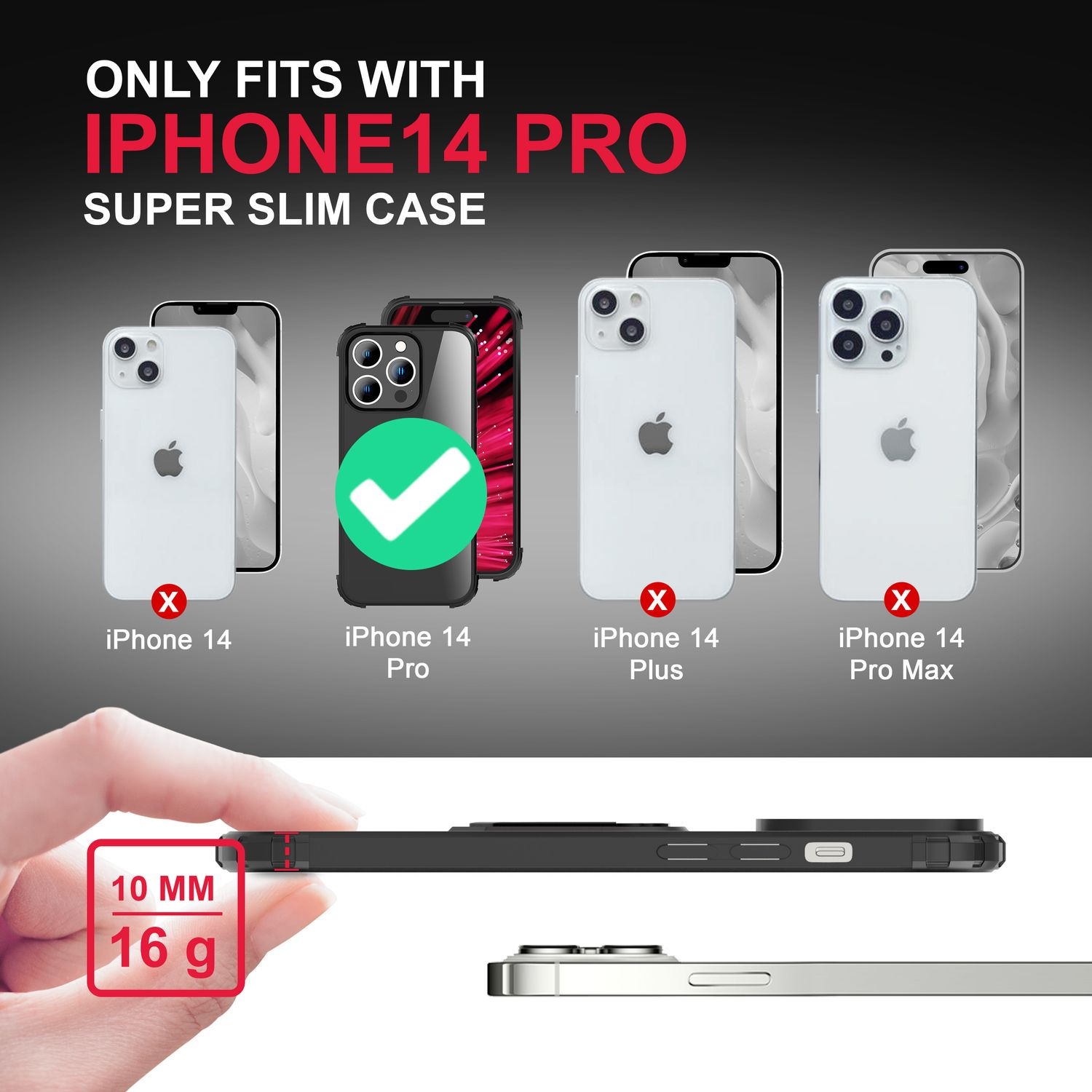 Funda negra para teléfono, con una marca de verificación verde en el iPhone 14 Pro. Otros modelos tachados.