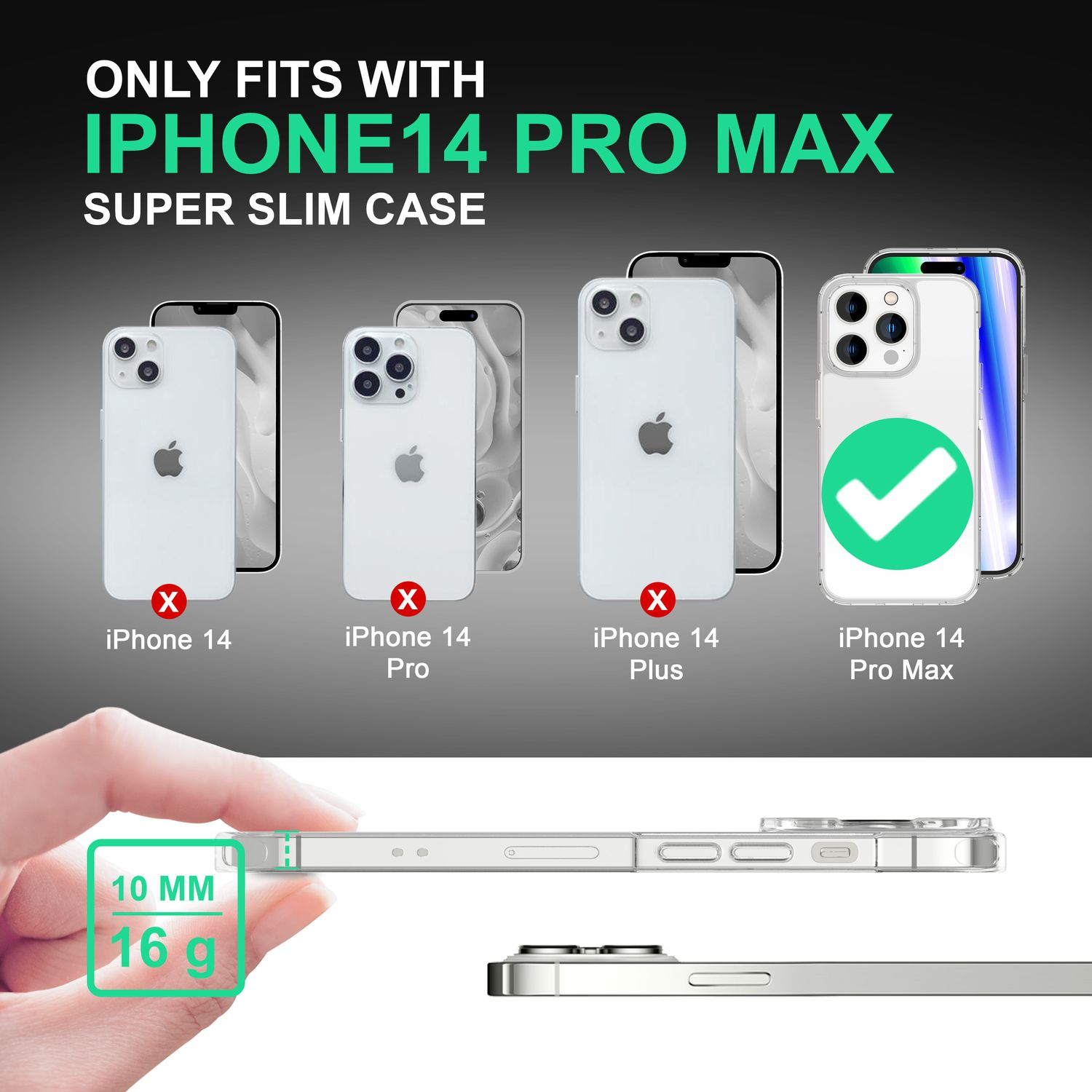 Vergleich von Handyhüllen: iPhone 14 Pro Max mit grünem Haken passt, andere nicht.