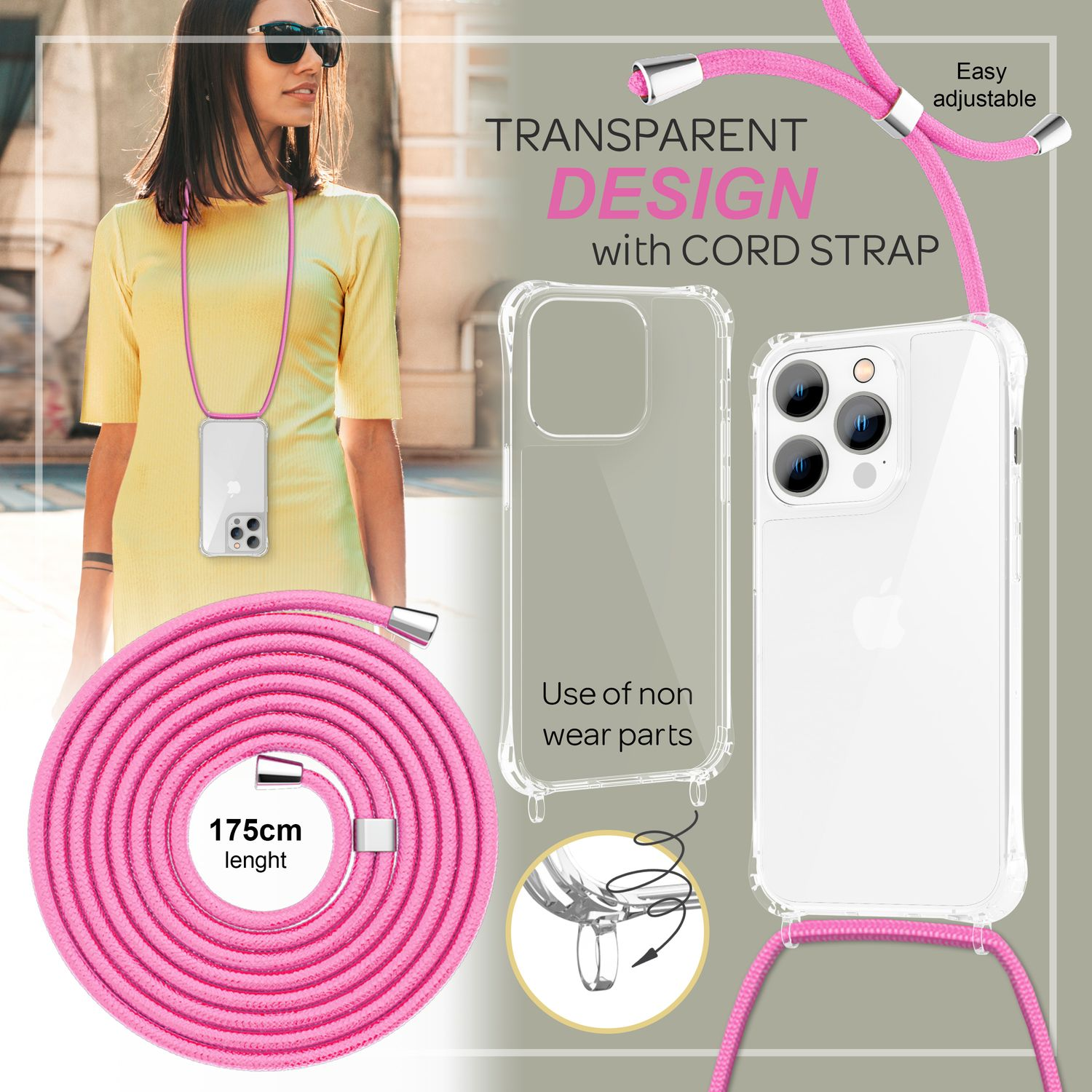 Eine transparente Handyhülle mit rosa Kordelriemen, Frau hält das Telefon mit Sonnenbrille.