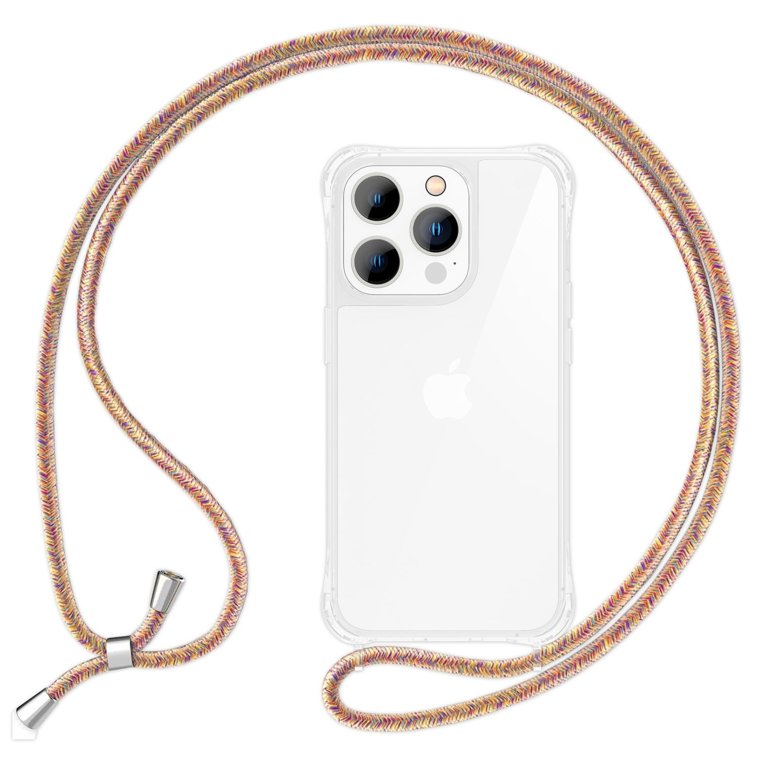 NALIA Klare Hülle Kette zum Umhängen, Pro, Apple, Regenbogen Umhängetasche, iPhone 15 mit