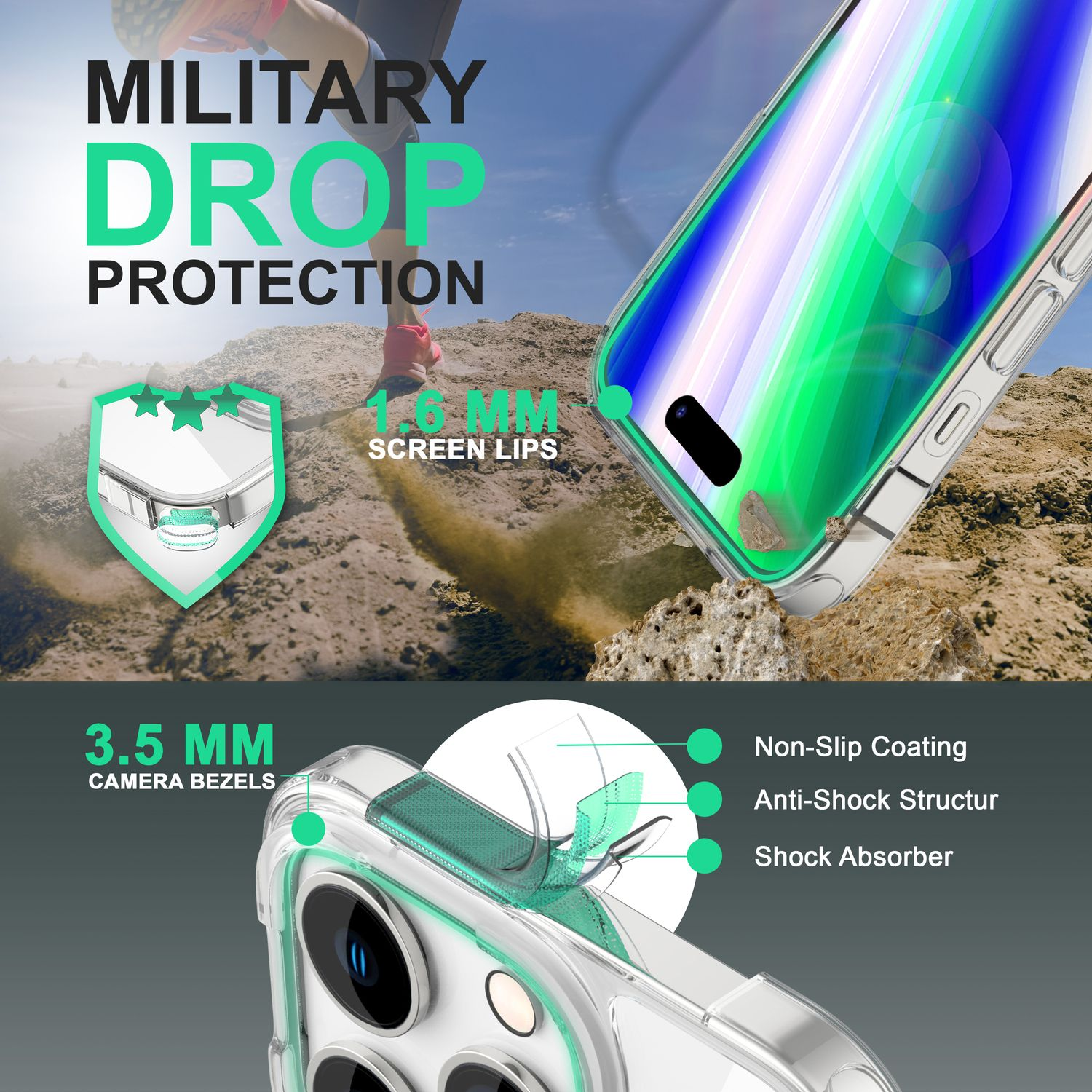 Funda de teléfono con detalles verdes y texto, que representa protección contra caídas y biseles de cámara.
