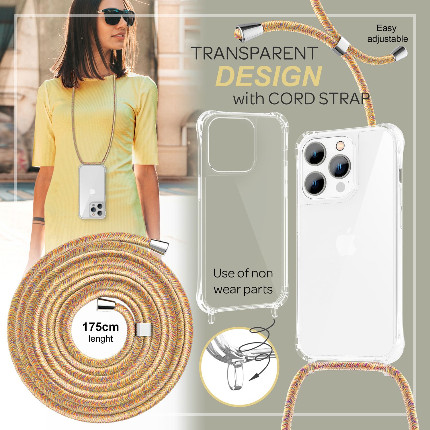 Donna con custodia e cinturino, telefono, custodia trasparente e cinturino arrotolato.