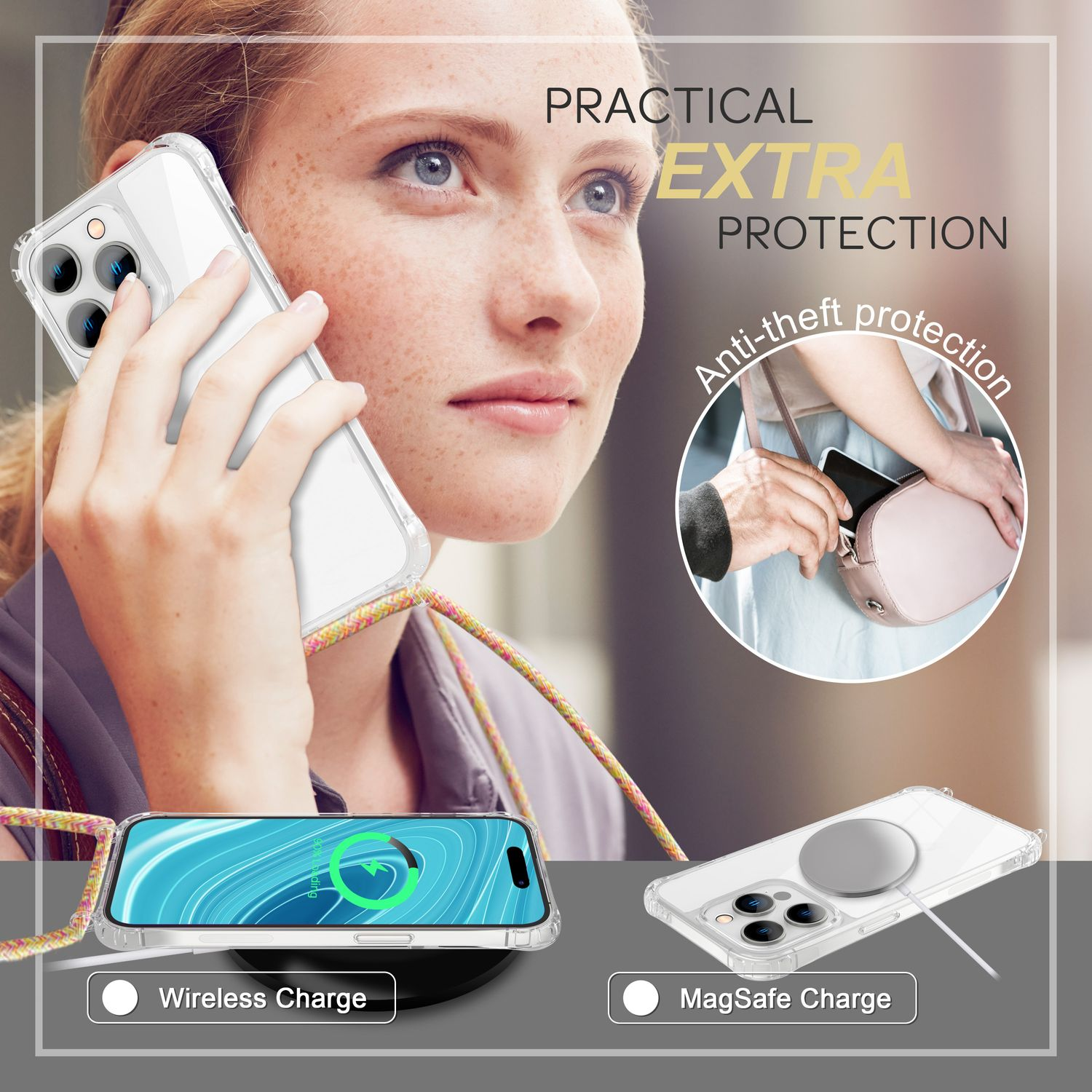 Una donna che tiene un telefono con una custodia trasparente. Viene visualizzato il testo sulla ricarica wireless e MagSafe.
