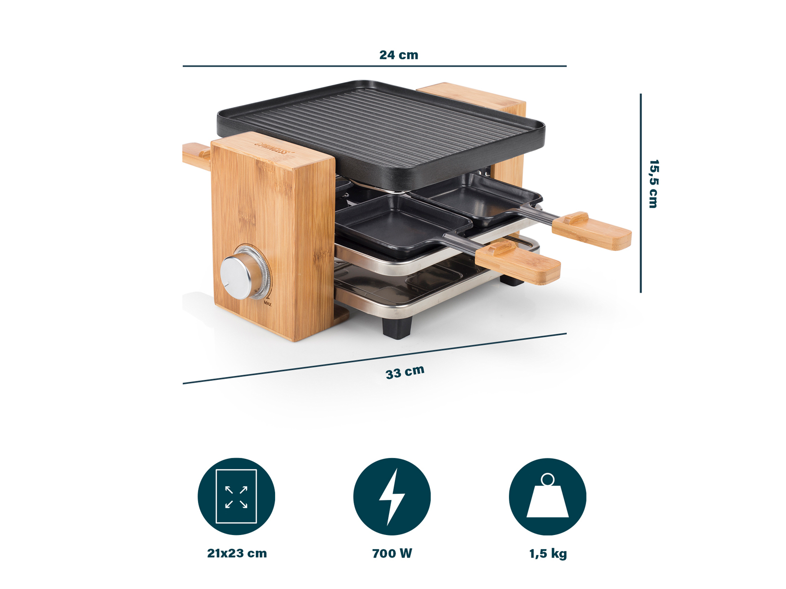 Griglia raclette in legno con dimensioni. Piano griglia, due padelle e una manopola di controllo.