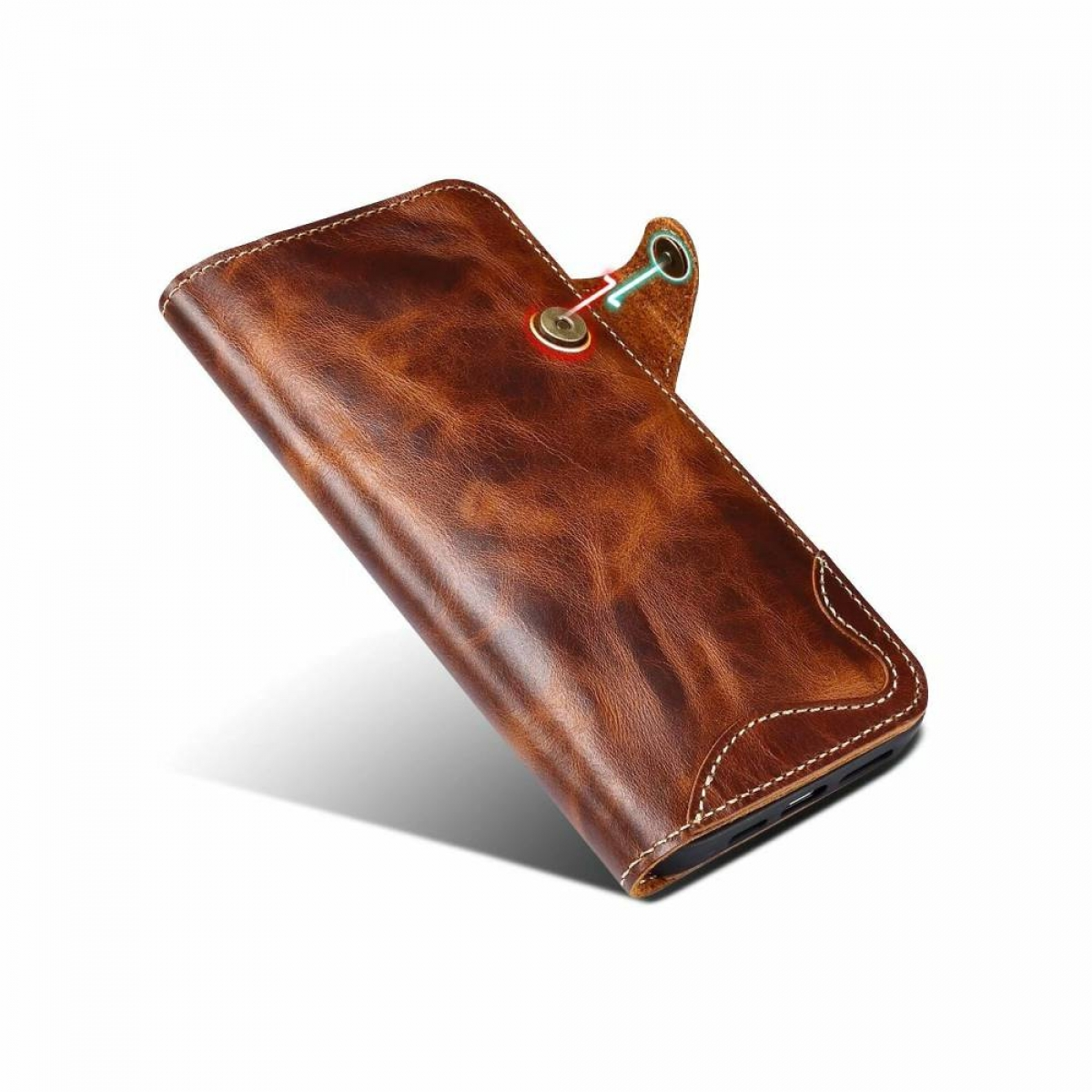 Braune Leder-Handyhülle. Zeigt Innen- und Außenseite mit Knopfverschluss.